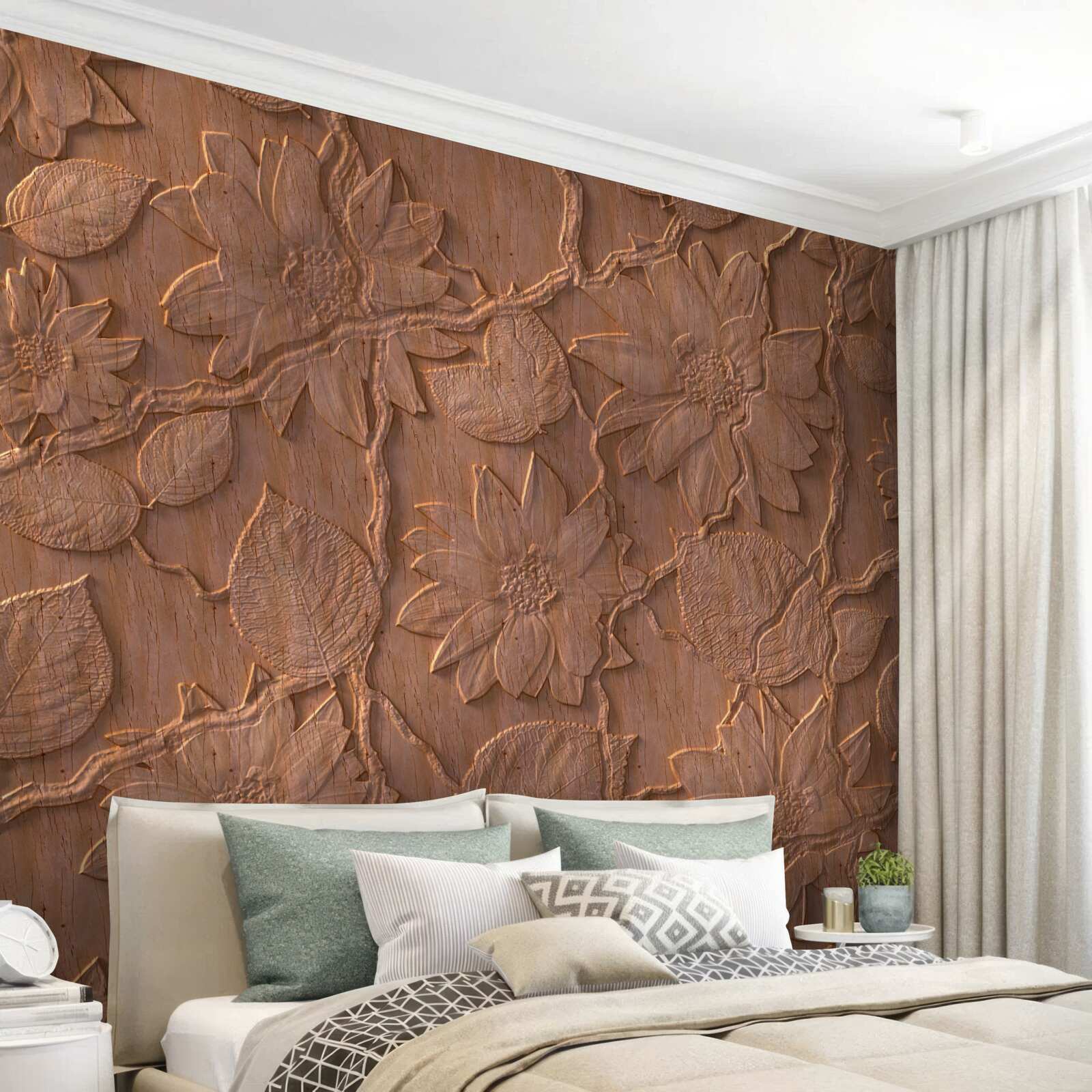 Fototapet ipsos cu flori, realizat din lemn brut