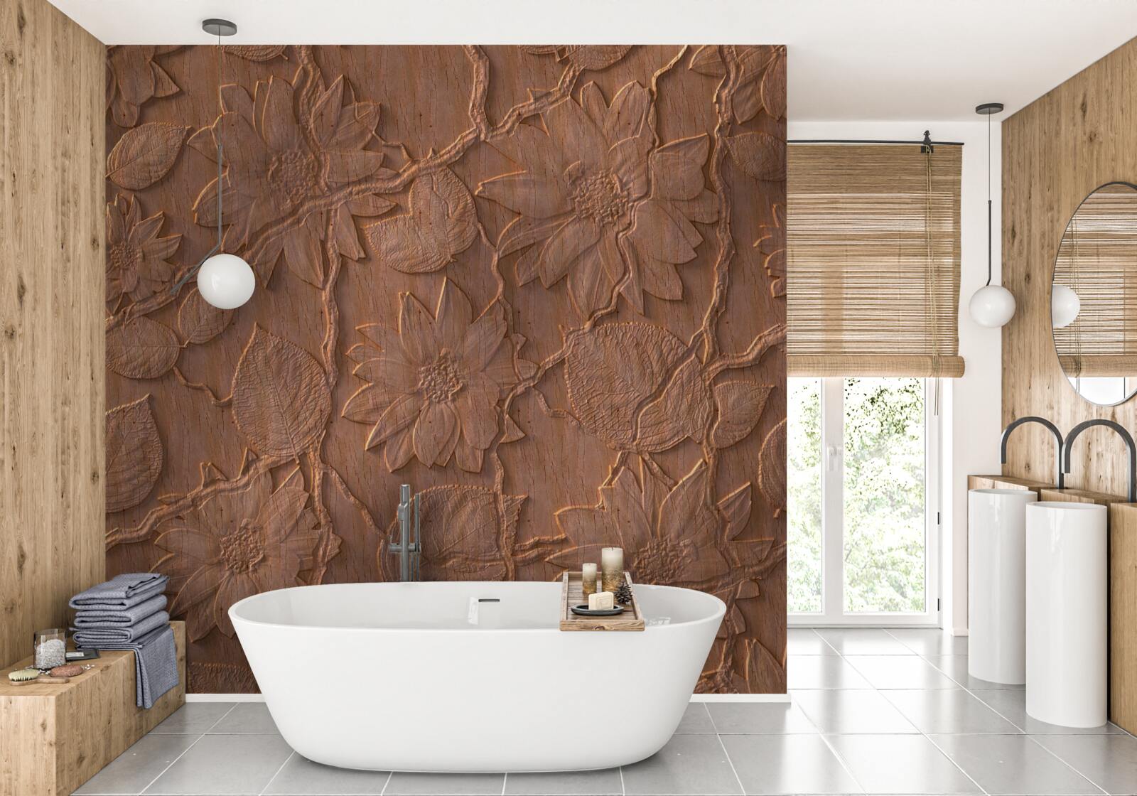 Fototapet ipsos cu flori, realizat din lemn brut