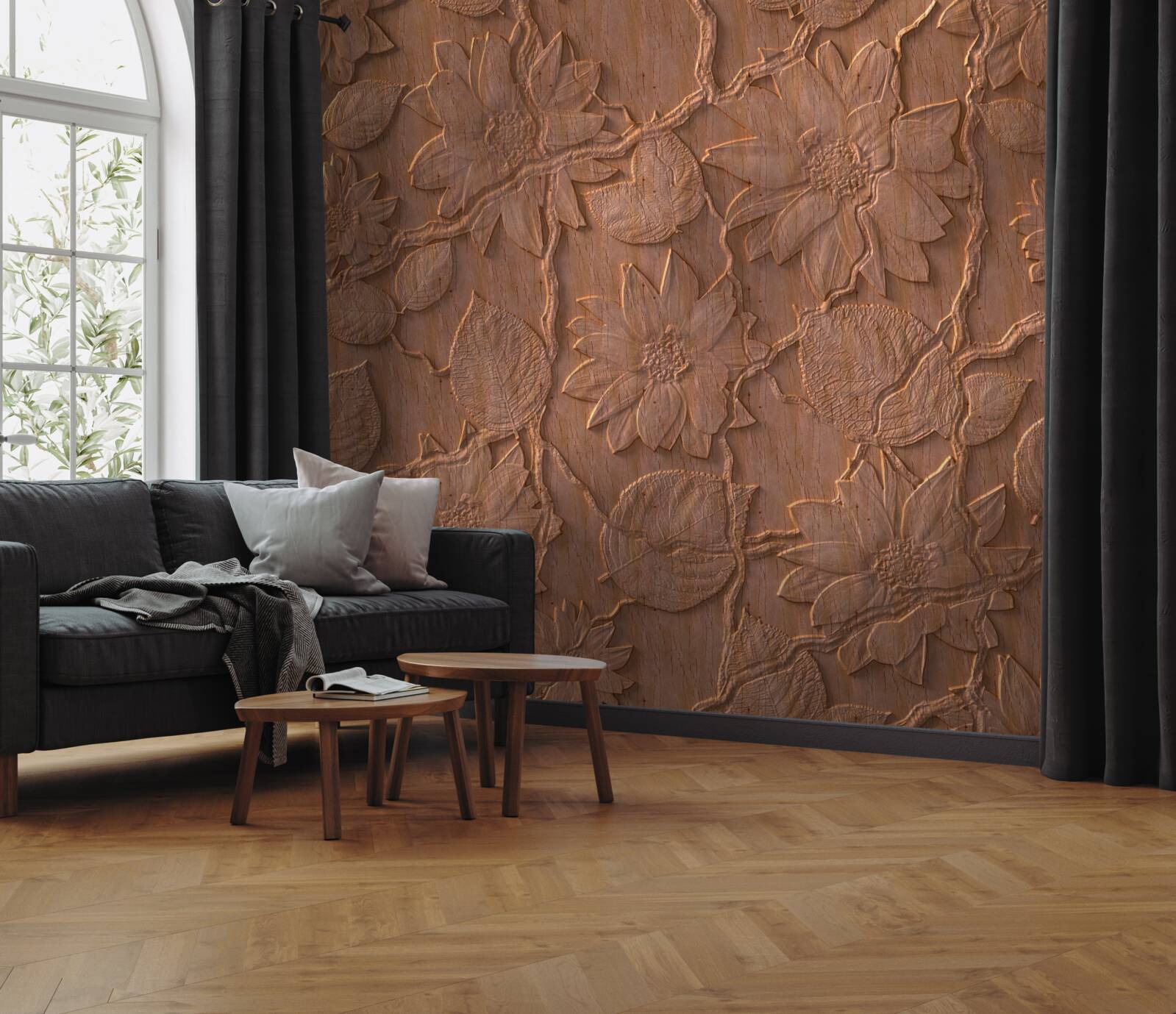 Fototapet ipsos cu flori, realizat din lemn brut