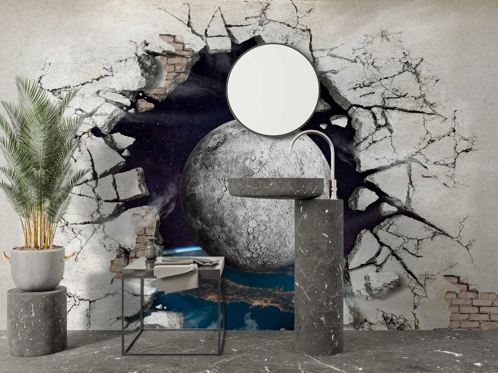 Fototapet Zidul este distrus în lumina lunii