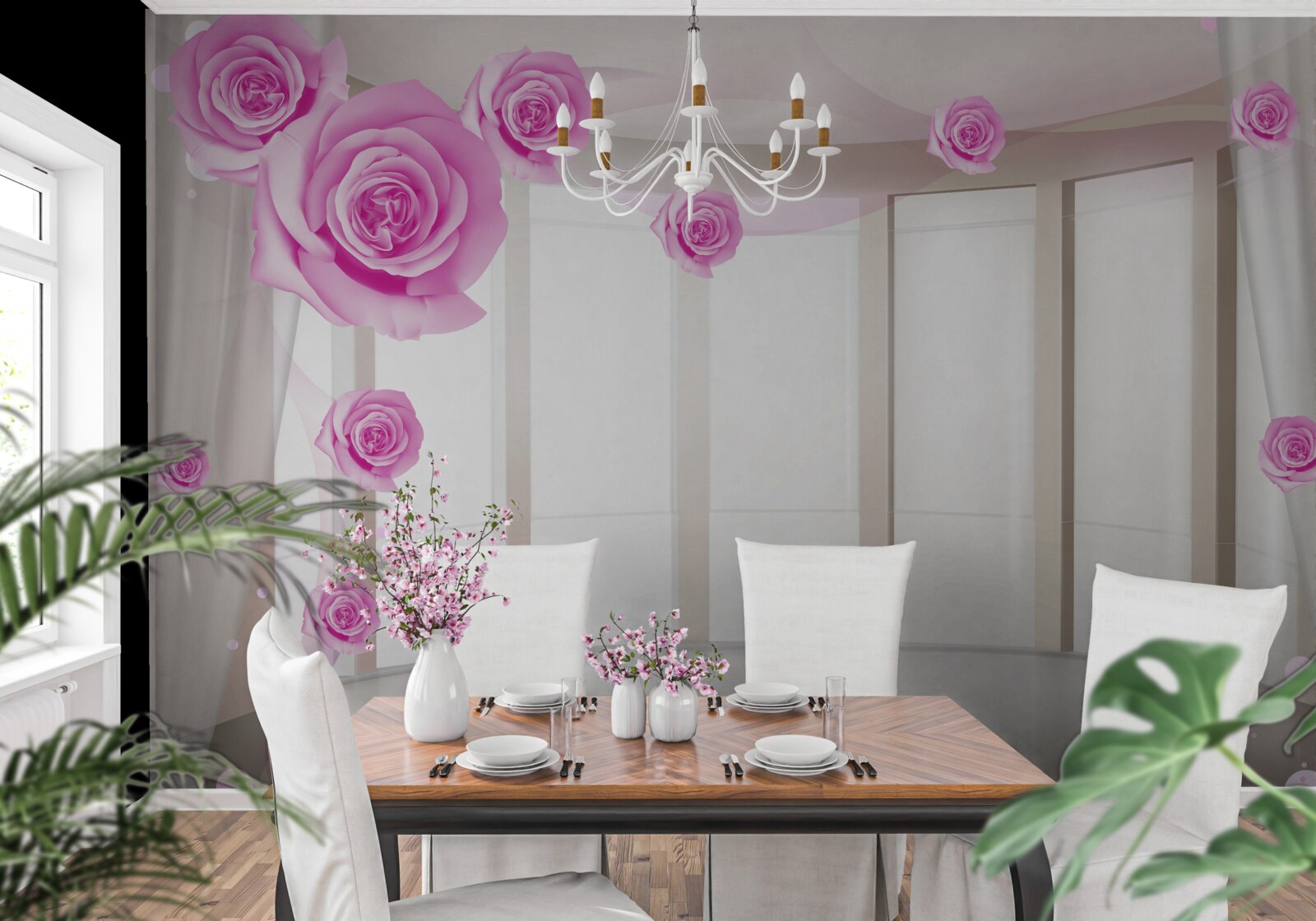 Fototapet terasă cu vedere panoramică și trandafiri înfloriți