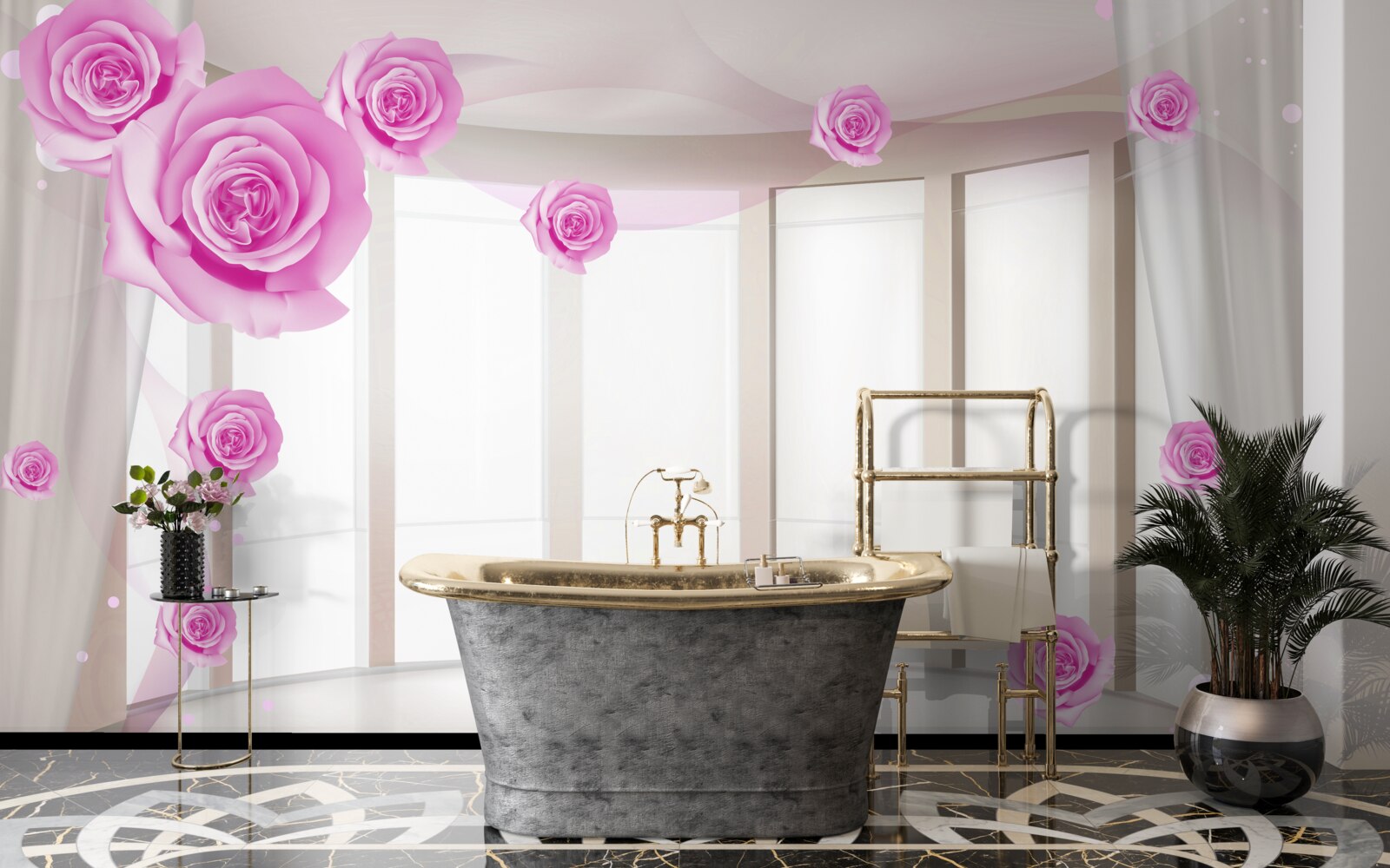 Fototapet terasă cu vedere panoramică și trandafiri înfloriți