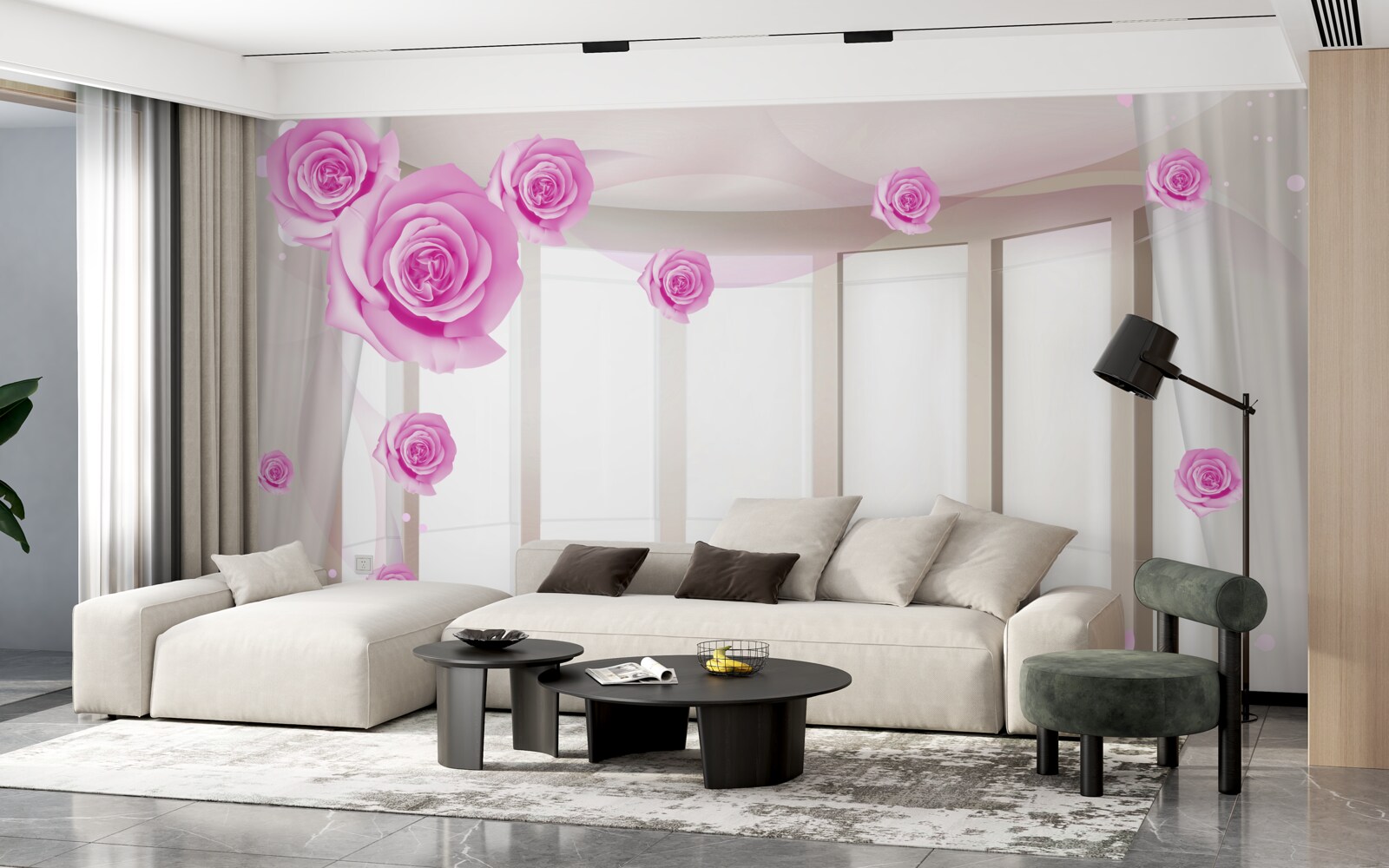 Fototapet terasă cu vedere panoramică și trandafiri înfloriți