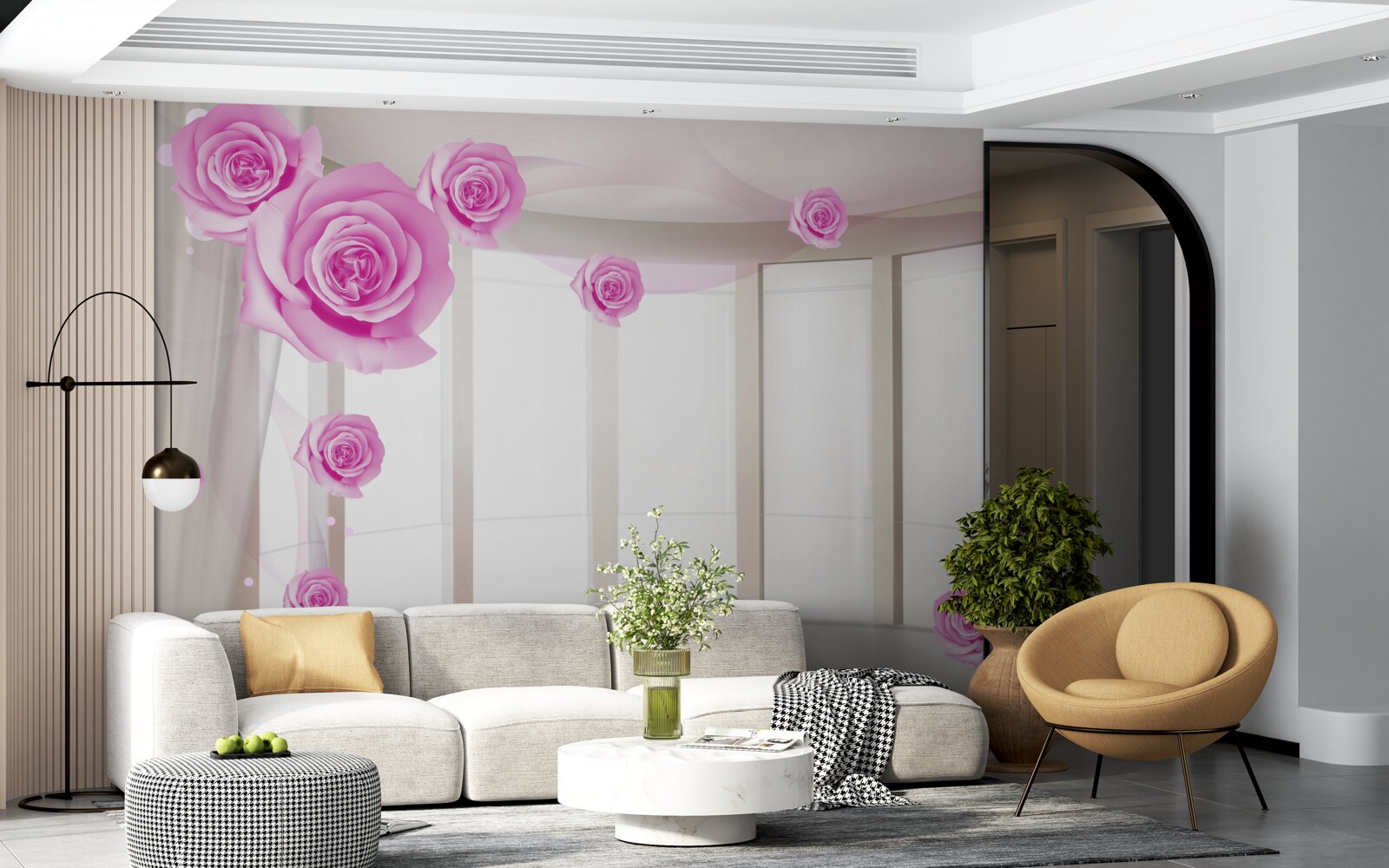 Fototapet terasă cu vedere panoramică și trandafiri înfloriți