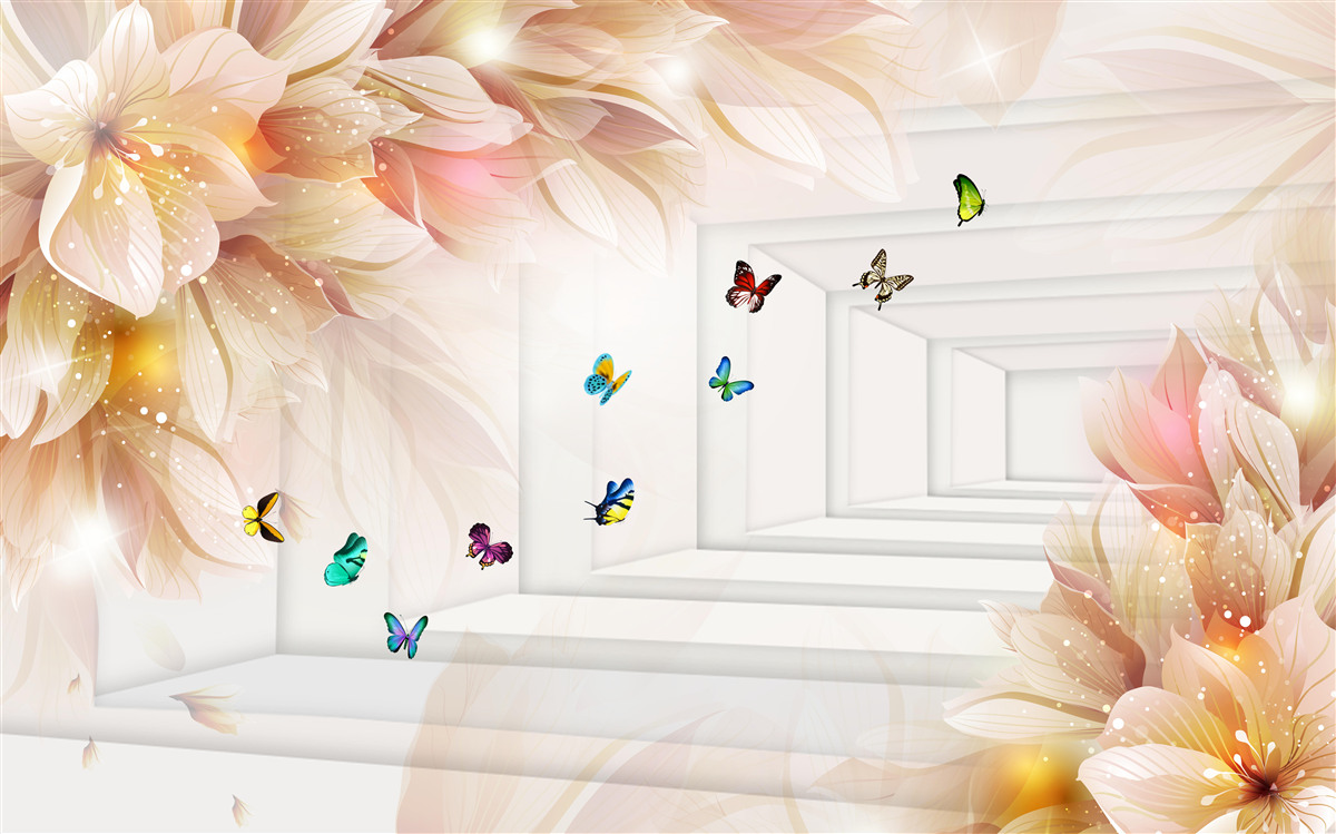 Fototapet tunelul este plin de culoare: flori și fluturi colorați