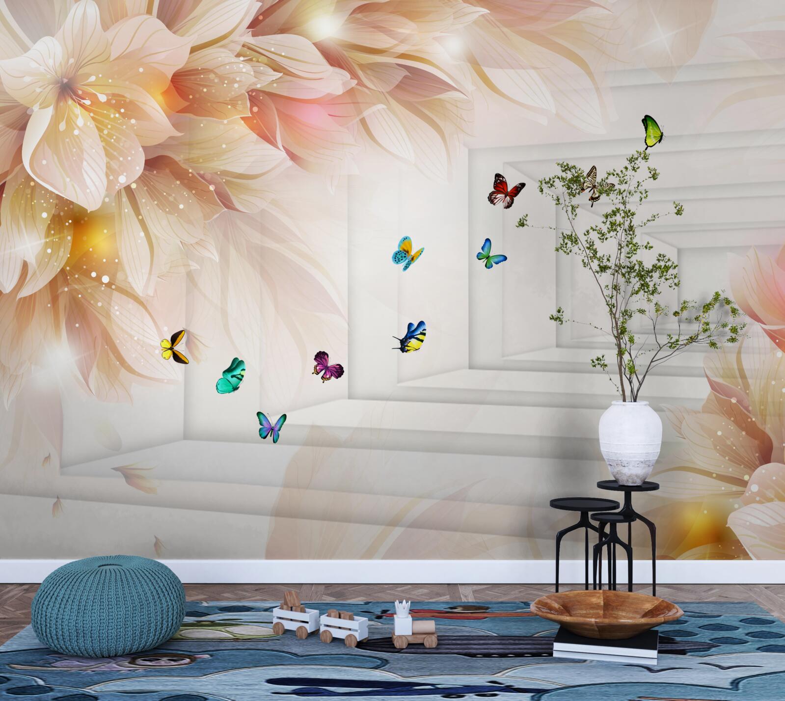 Fototapet tunelul este plin de culoare: flori și fluturi colorați