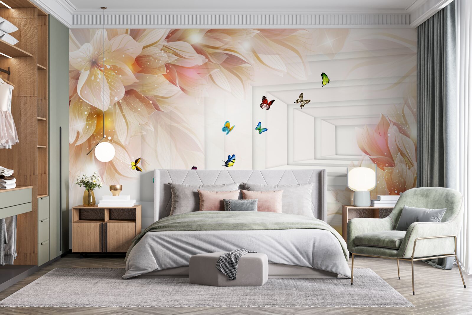 Fototapet tunelul este plin de culoare: flori și fluturi colorați