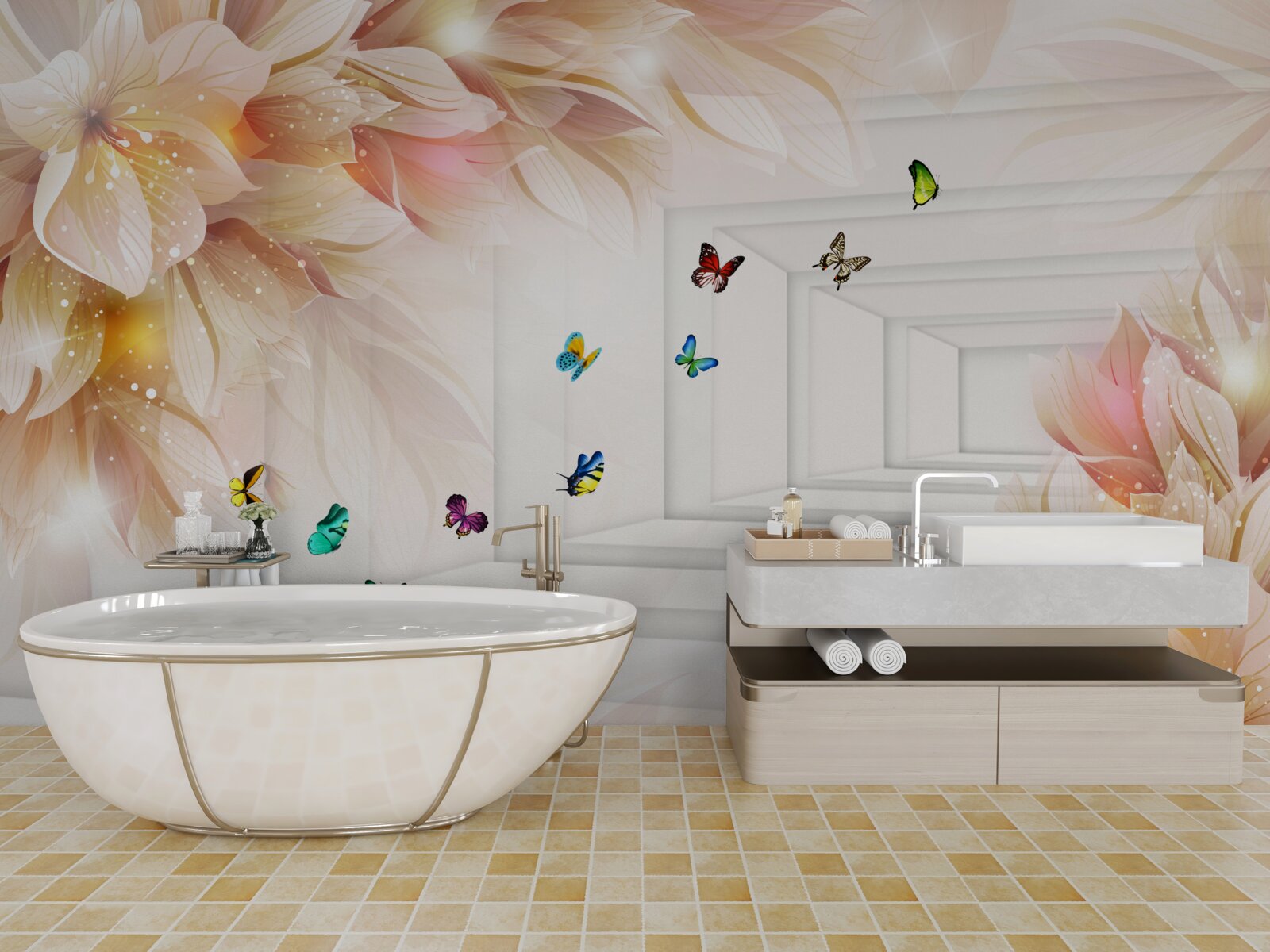 Fototapet tunelul este plin de culoare: flori și fluturi colorați