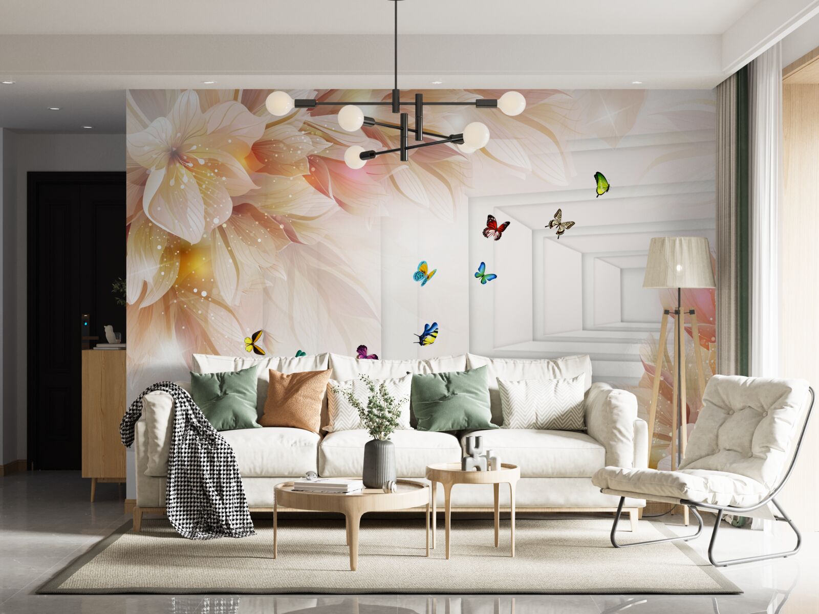 Fototapet tunelul este plin de culoare: flori și fluturi colorați