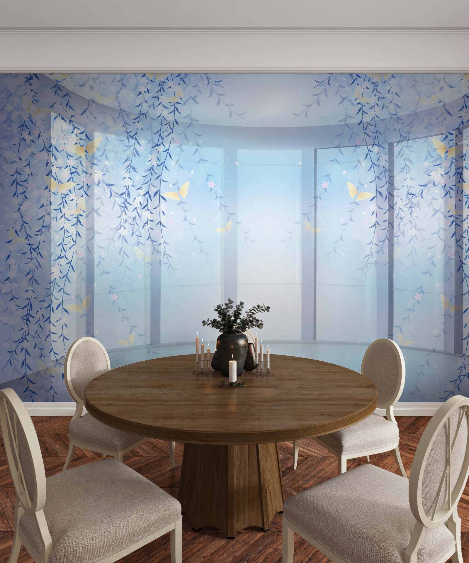 Fototapet balcon cu vedere panoramică în nuanțe de albastru