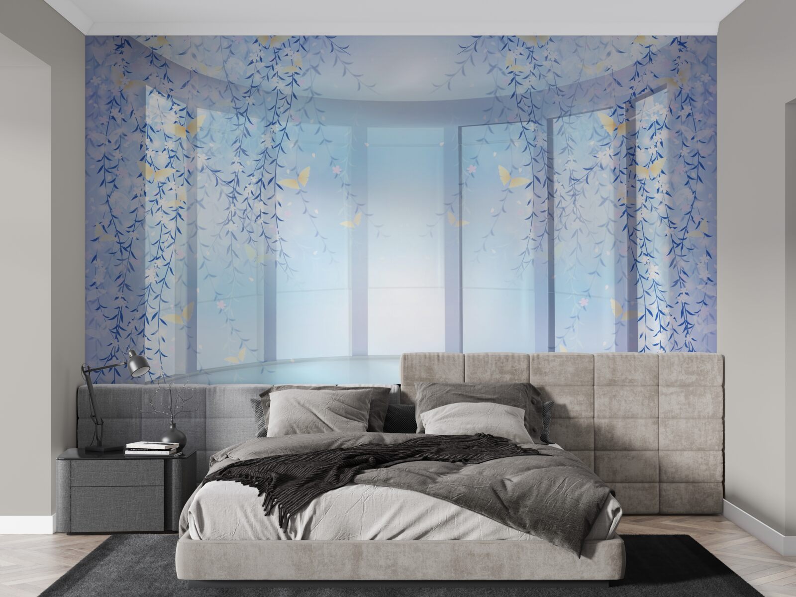 Fototapet balcon cu vedere panoramică în nuanțe de albastru