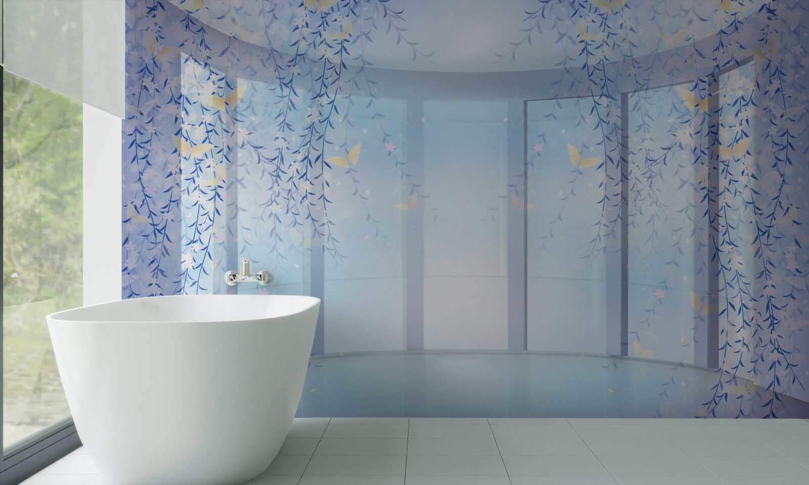 Fototapet balcon cu vedere panoramică în nuanțe de albastru