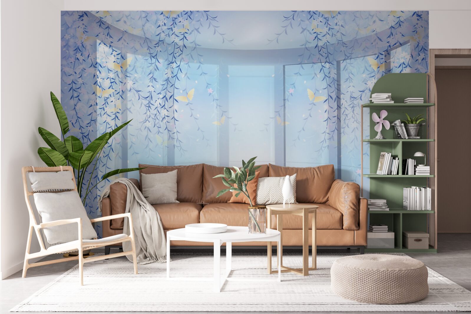 Fototapet balcon cu vedere panoramică în nuanțe de albastru