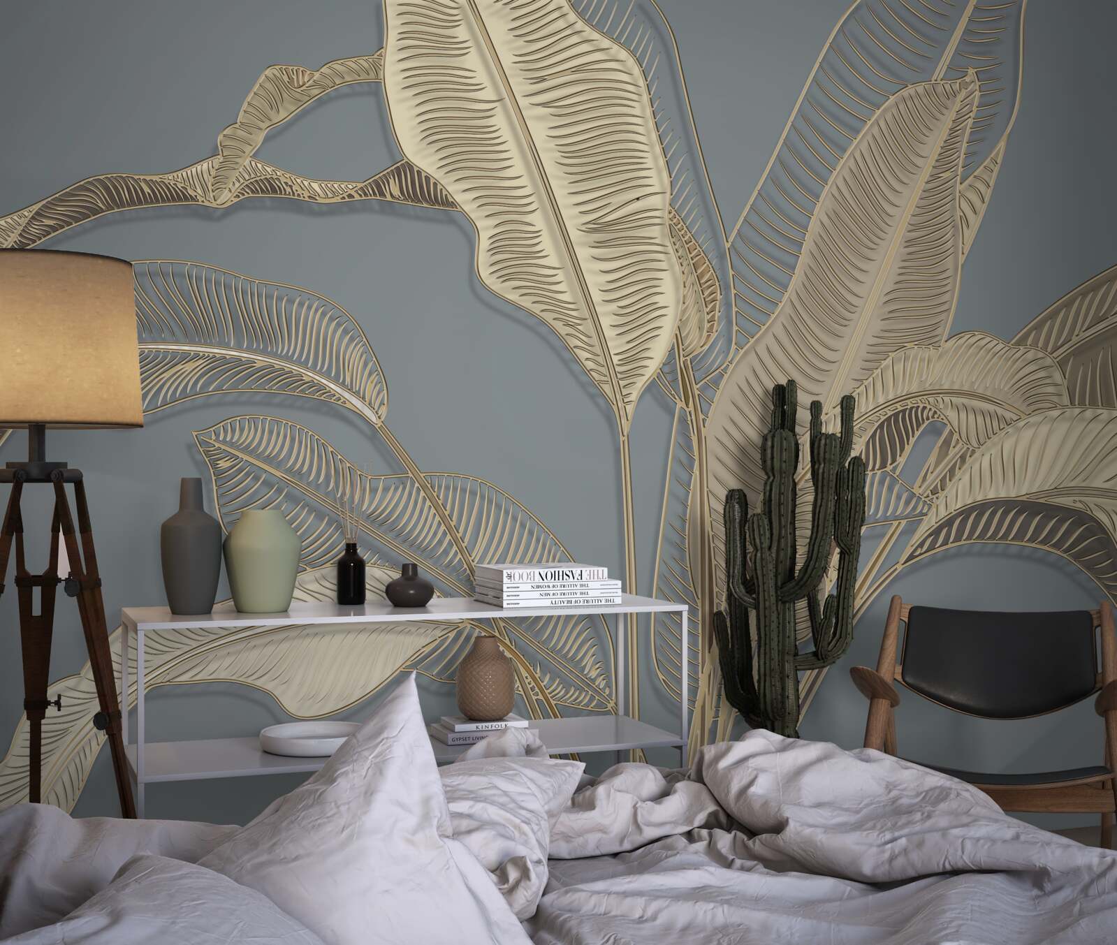 Fototapet frunze de pene aurii pâlpâie strălucitor pe fundalul întunecat