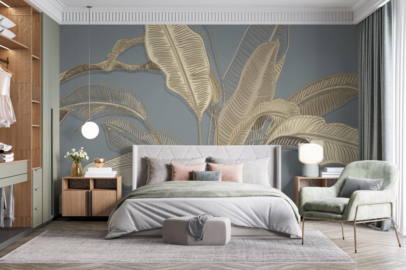 Fototapet frunze de pene aurii pâlpâie strălucitor pe fundalul întunecat