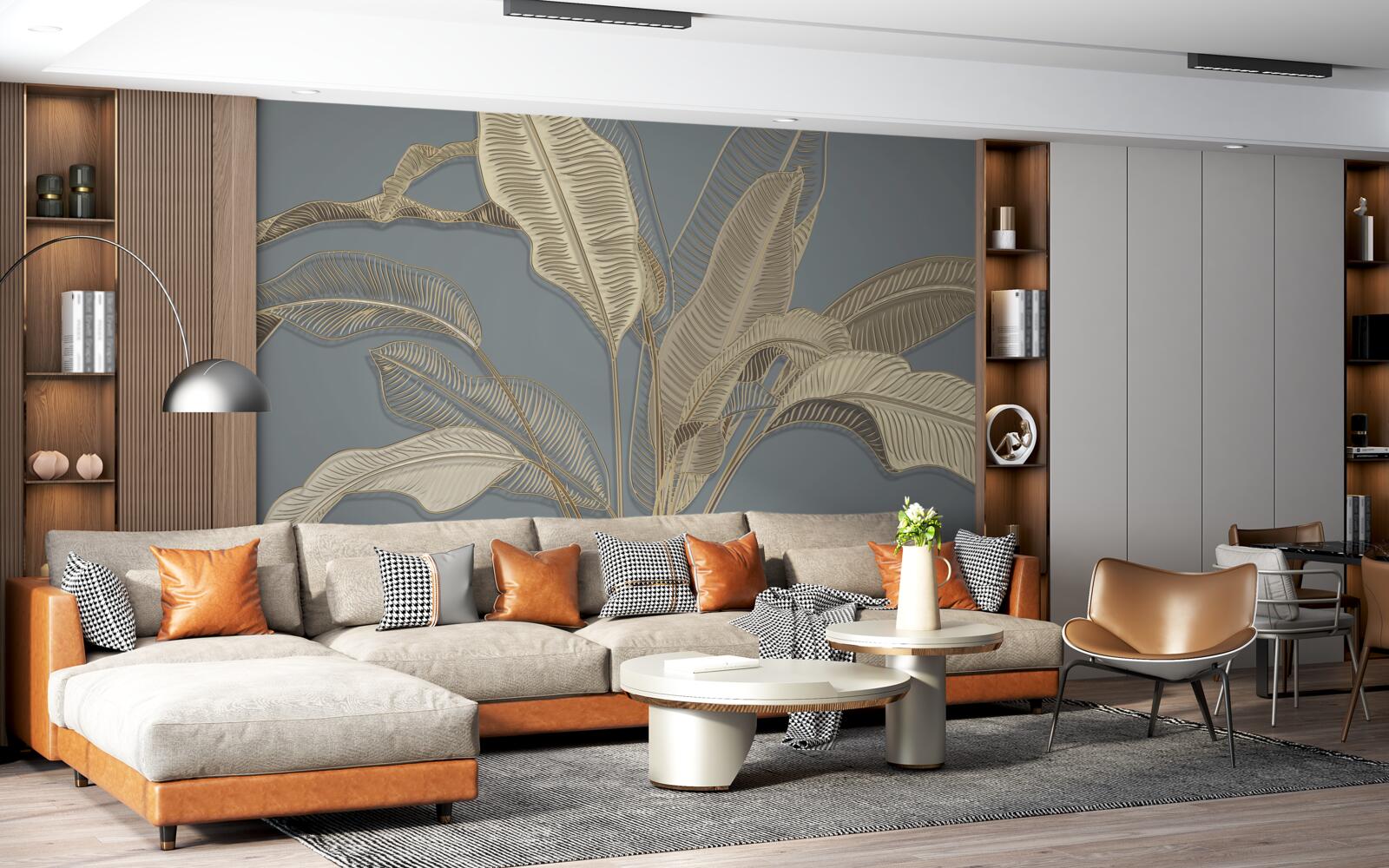 Fototapet frunze de pene aurii pâlpâie strălucitor pe fundalul întunecat