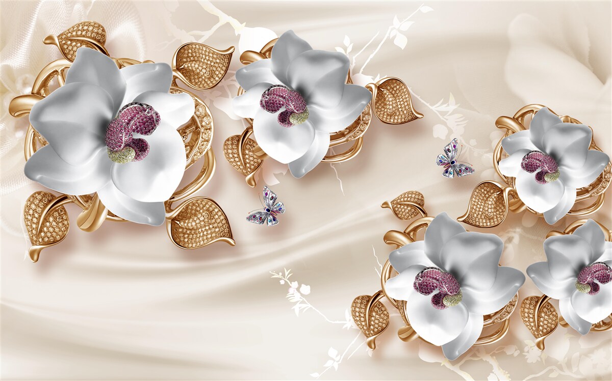 Fototapet orhidee albă cu frunze aurii