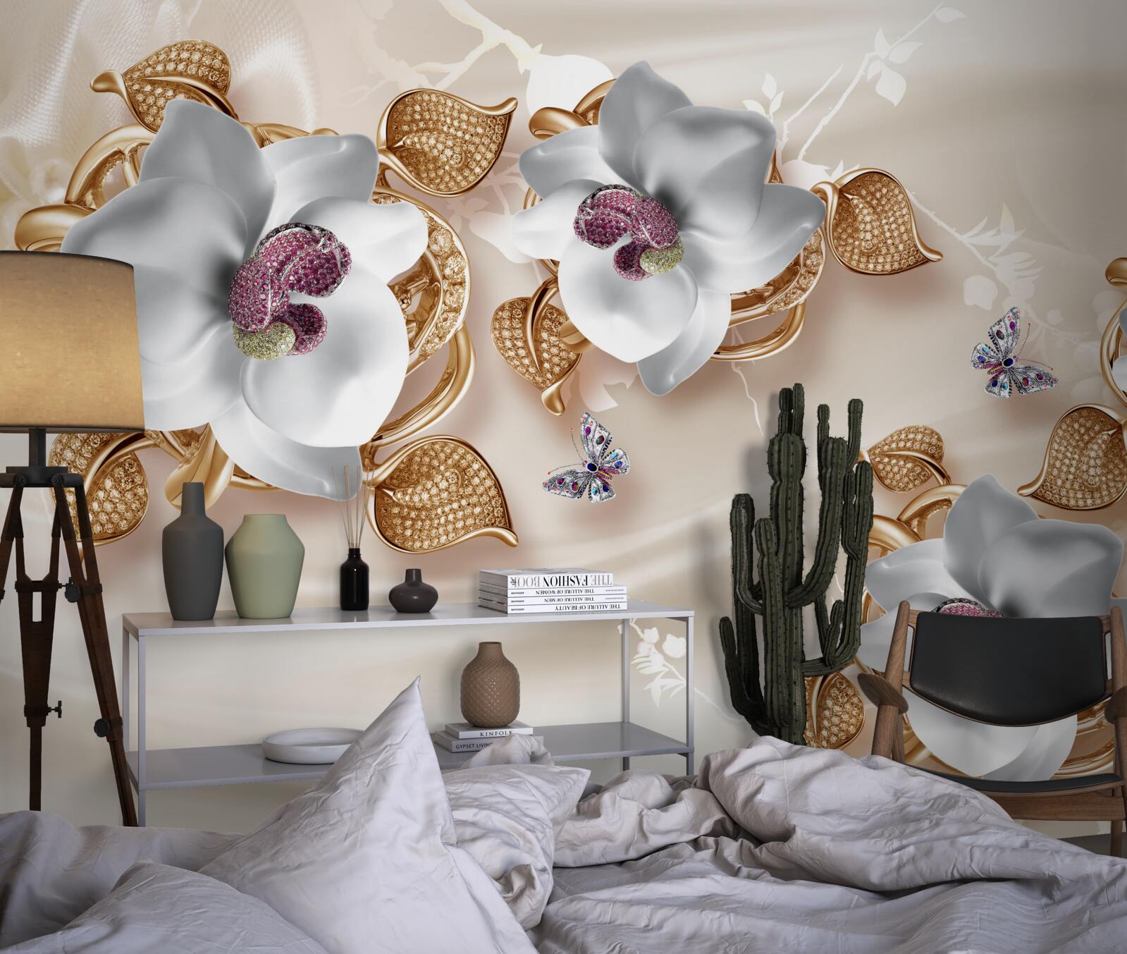 Fototapet orhidee albă cu frunze aurii