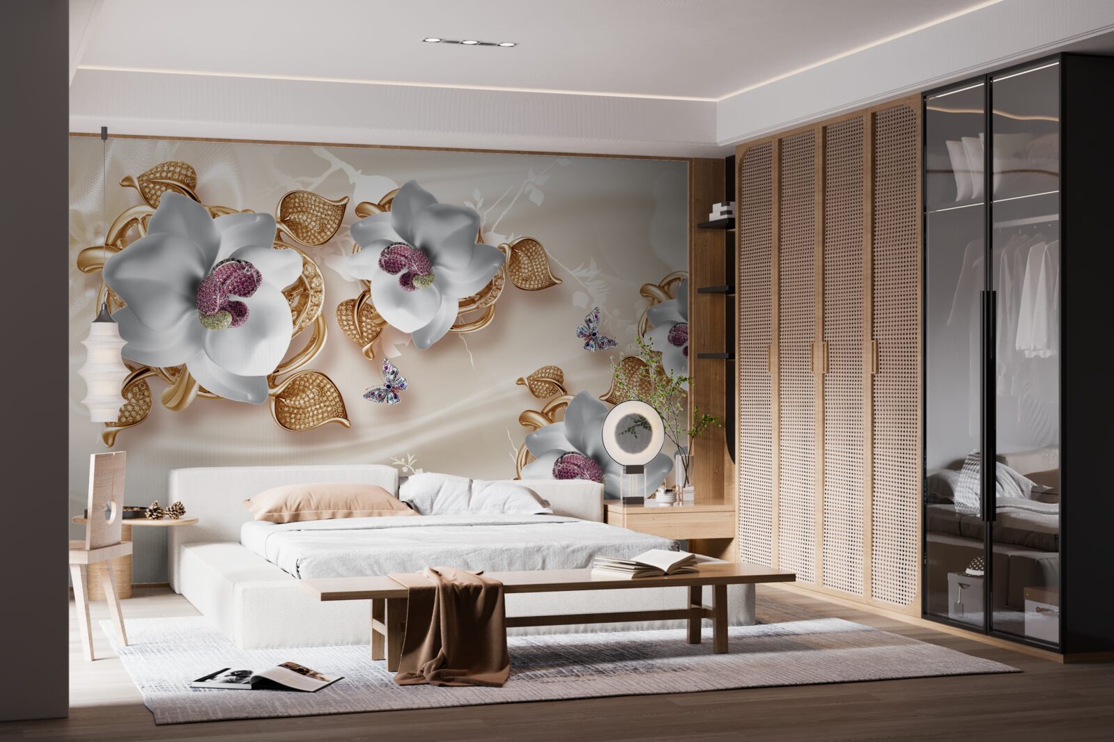 Fototapet orhidee albă cu frunze aurii