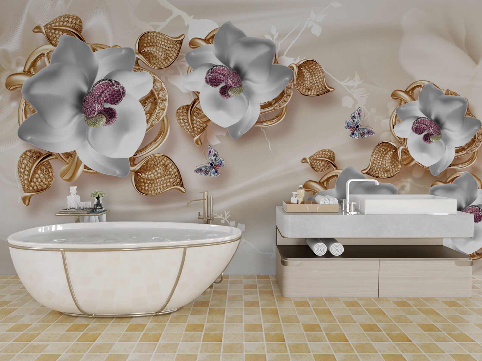 Fototapet orhidee albă cu frunze aurii