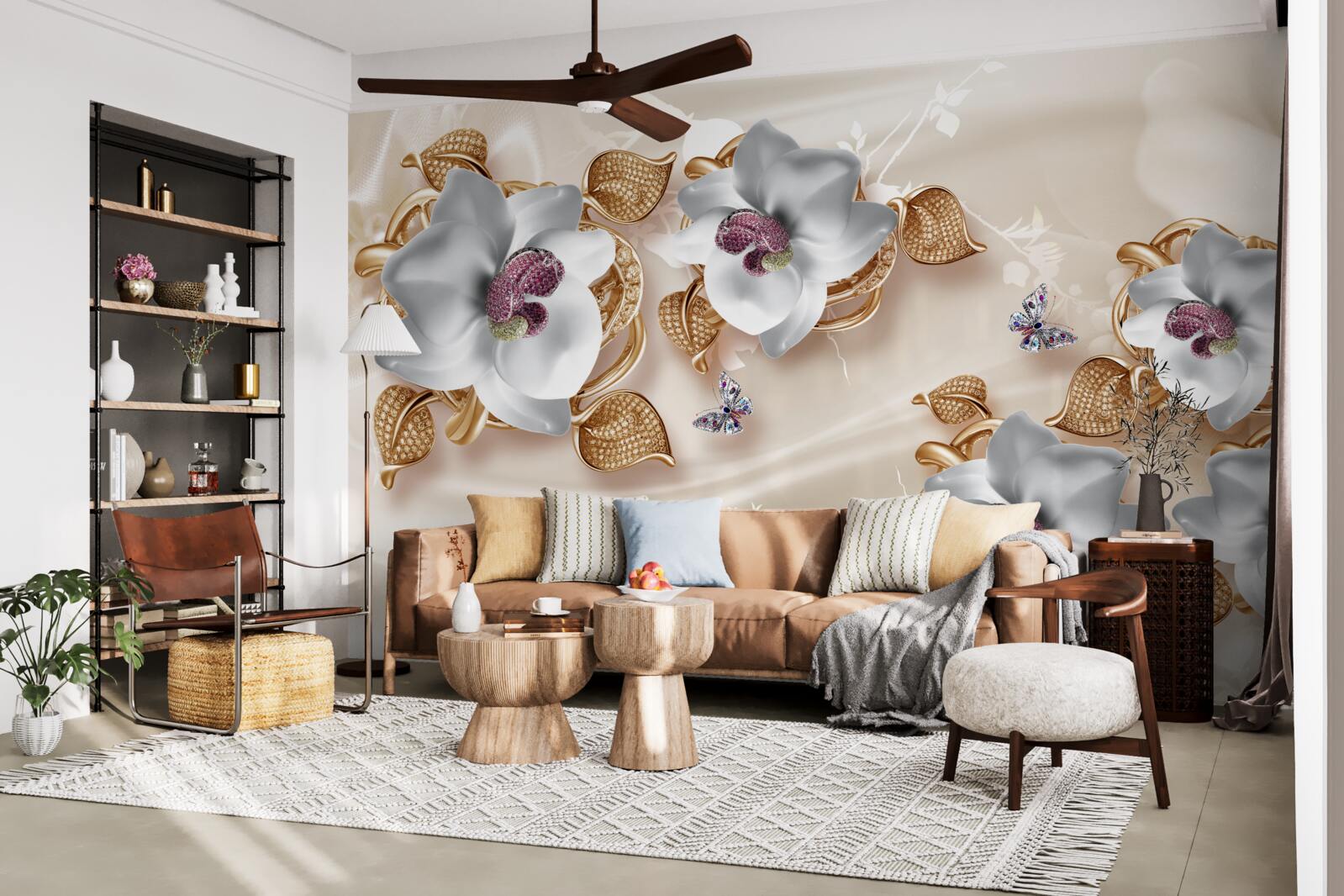 Fototapet orhidee albă cu frunze aurii