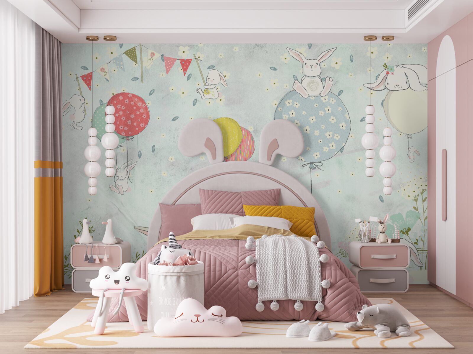 Fototapet iepurași în bile albe