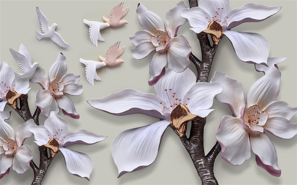 Fototapet Flori și păsări albe ca zăpada