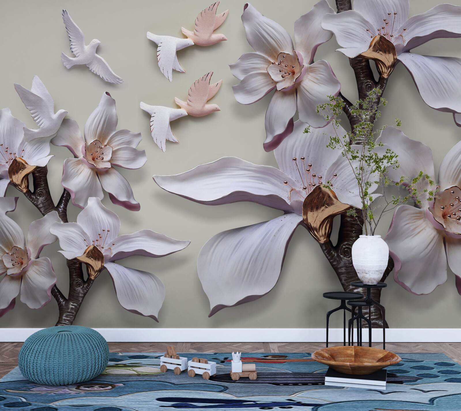 Fototapet Flori și păsări albe ca zăpada