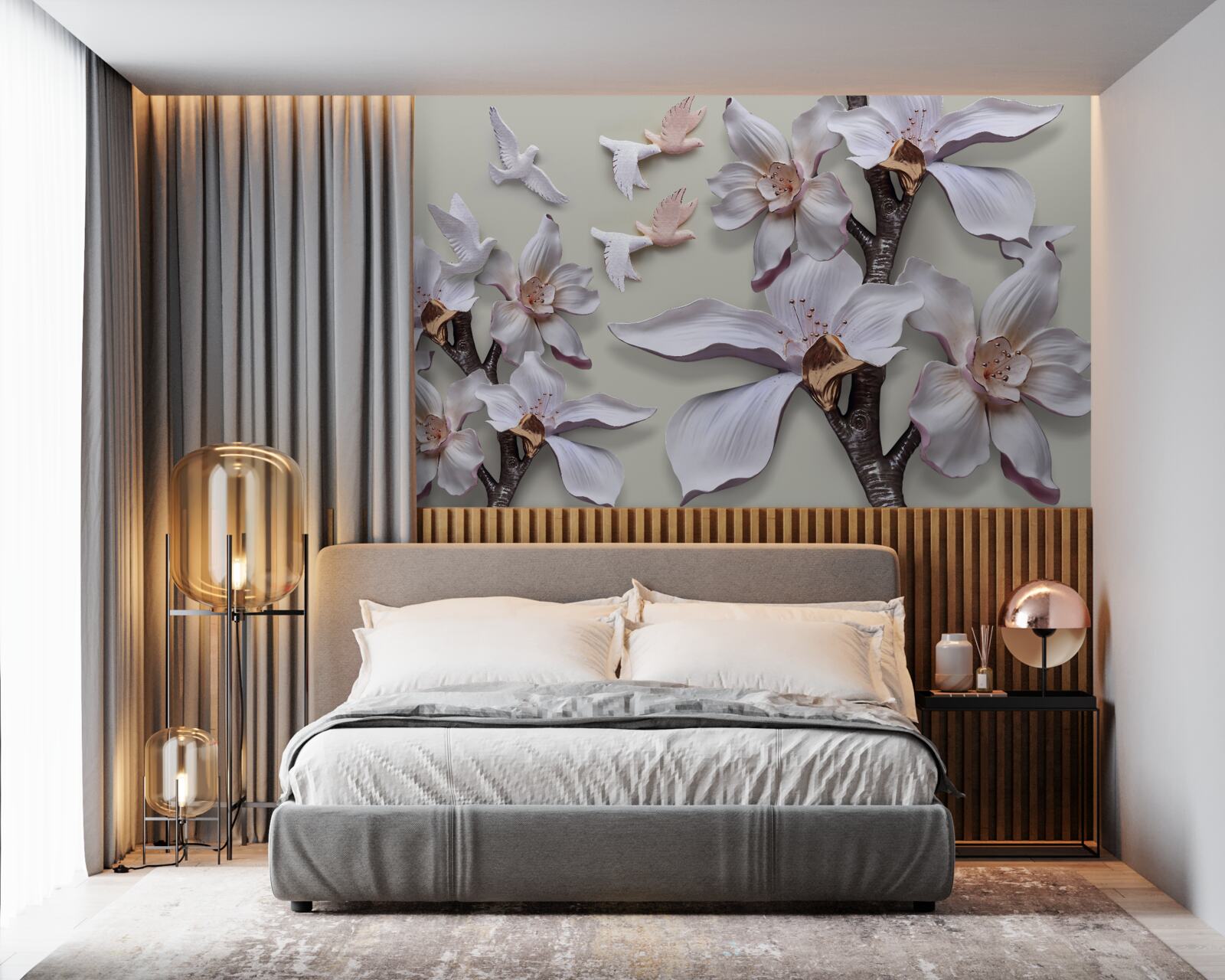 Fototapet Flori și păsări albe ca zăpada