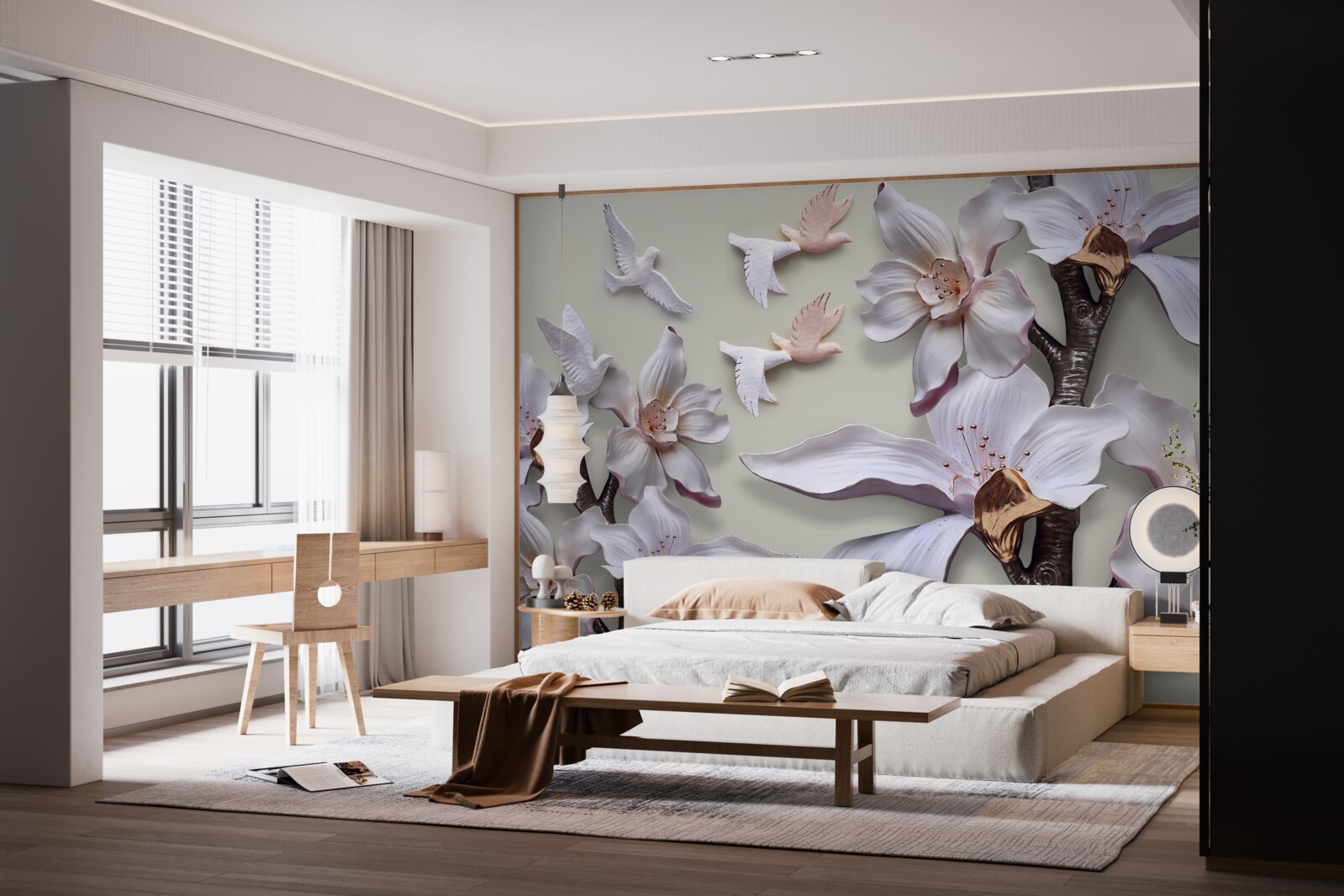 Fototapet Flori și păsări albe ca zăpada