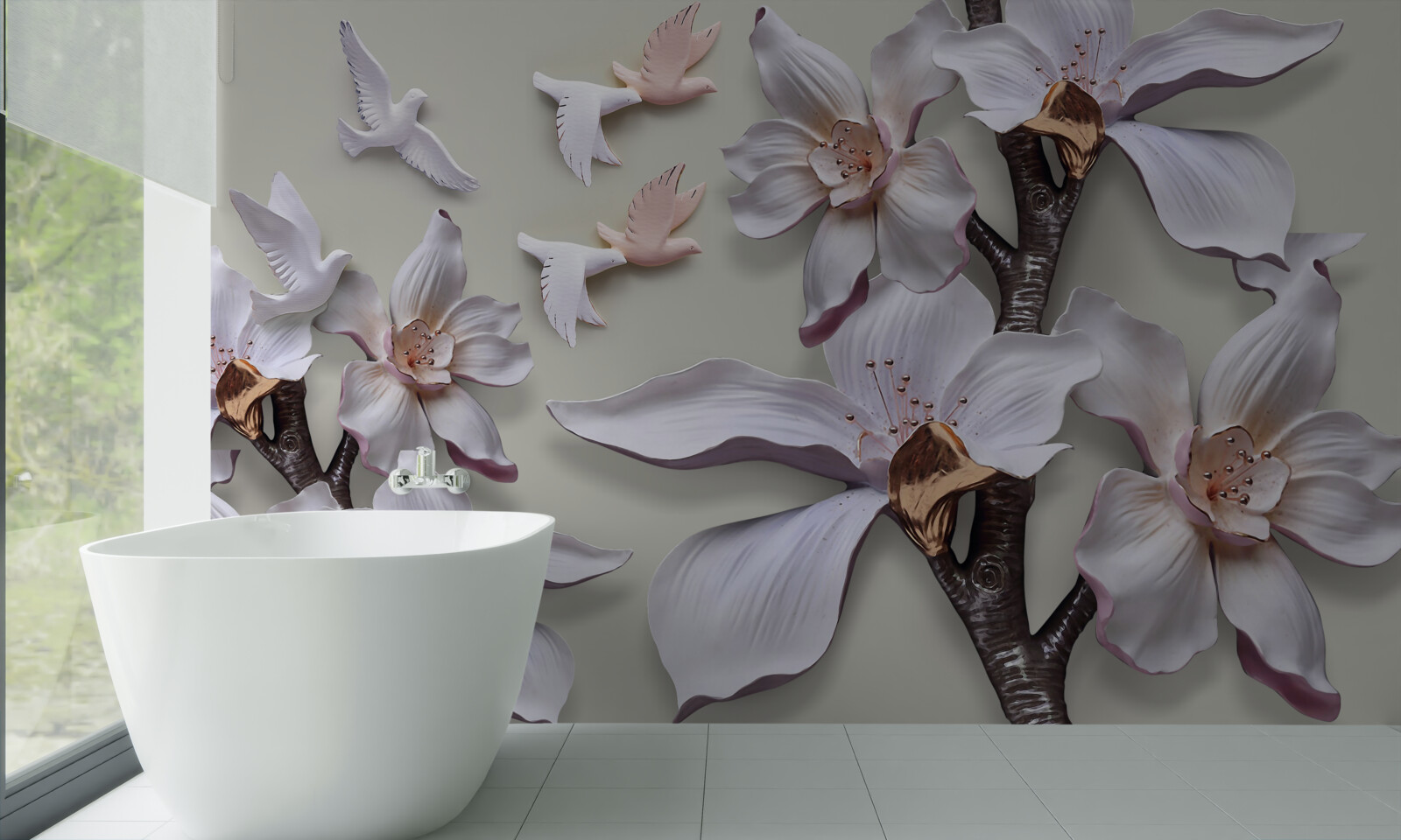 Fototapet Flori și păsări albe ca zăpada