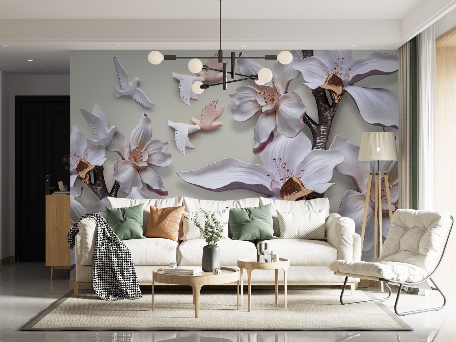 Fototapet Flori și păsări albe ca zăpada