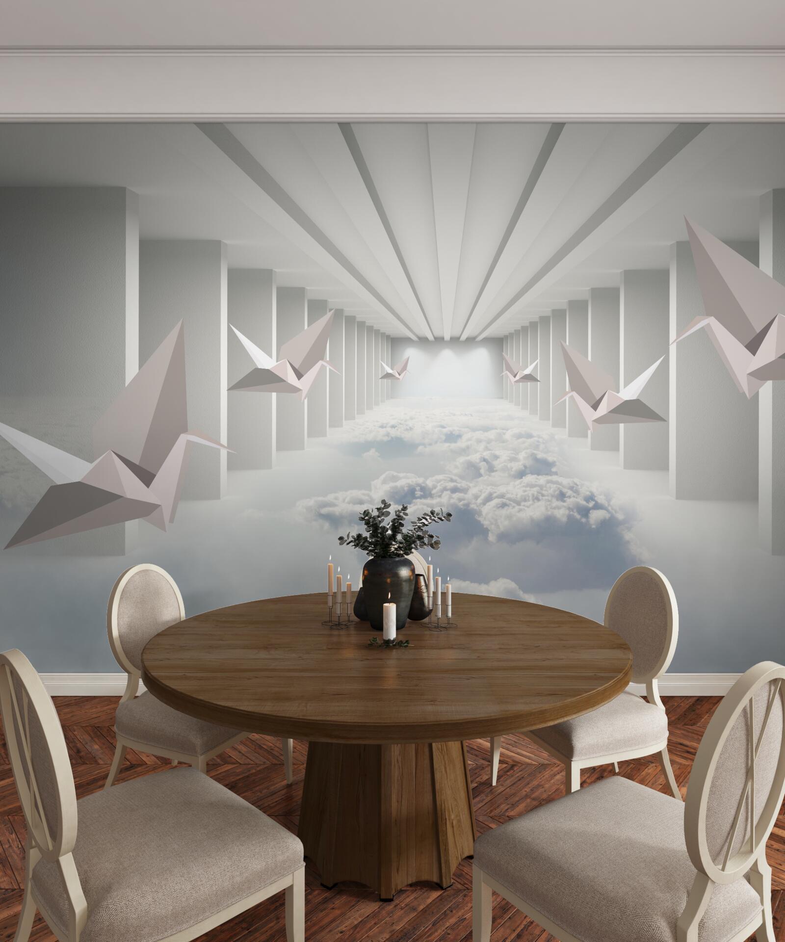 Fototapet geometrie abstractă de păsări în nori