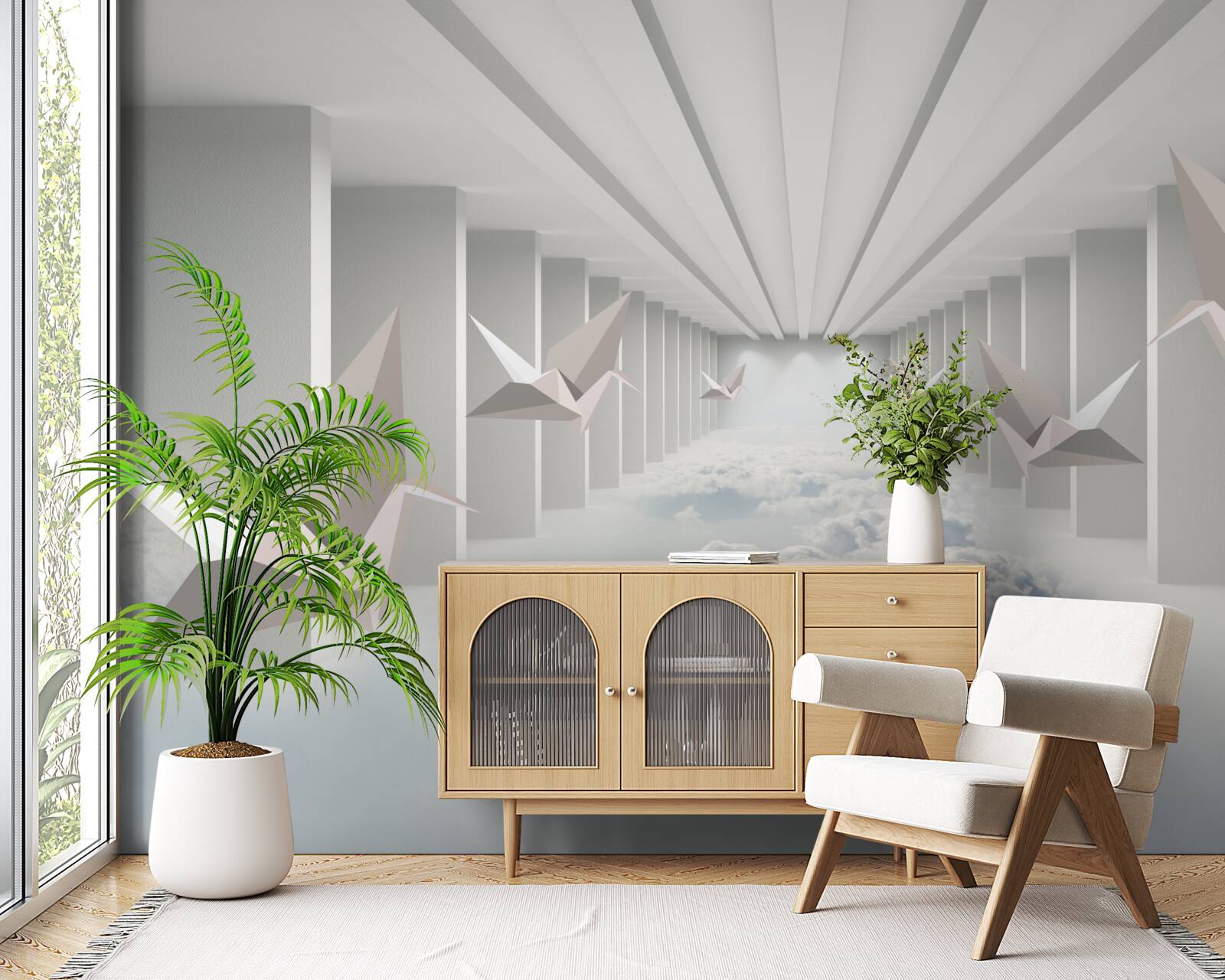 Fototapet geometrie abstractă de păsări în nori