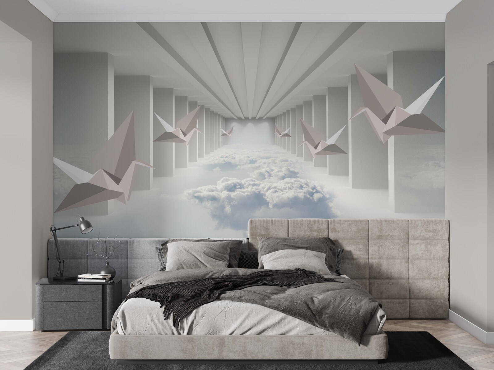 Fototapet geometrie abstractă de păsări în nori