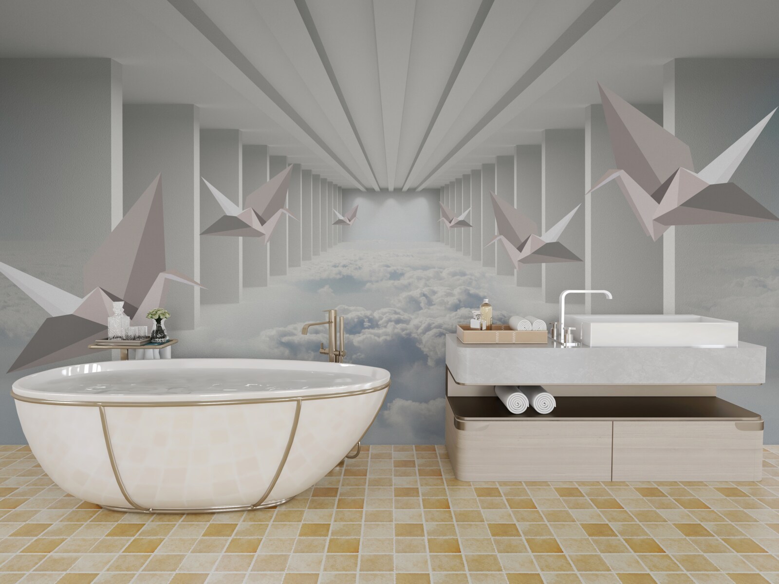 Fototapet geometrie abstractă de păsări în nori