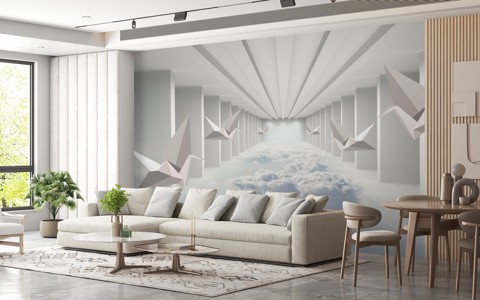 Fototapet geometrie abstractă de păsări în nori