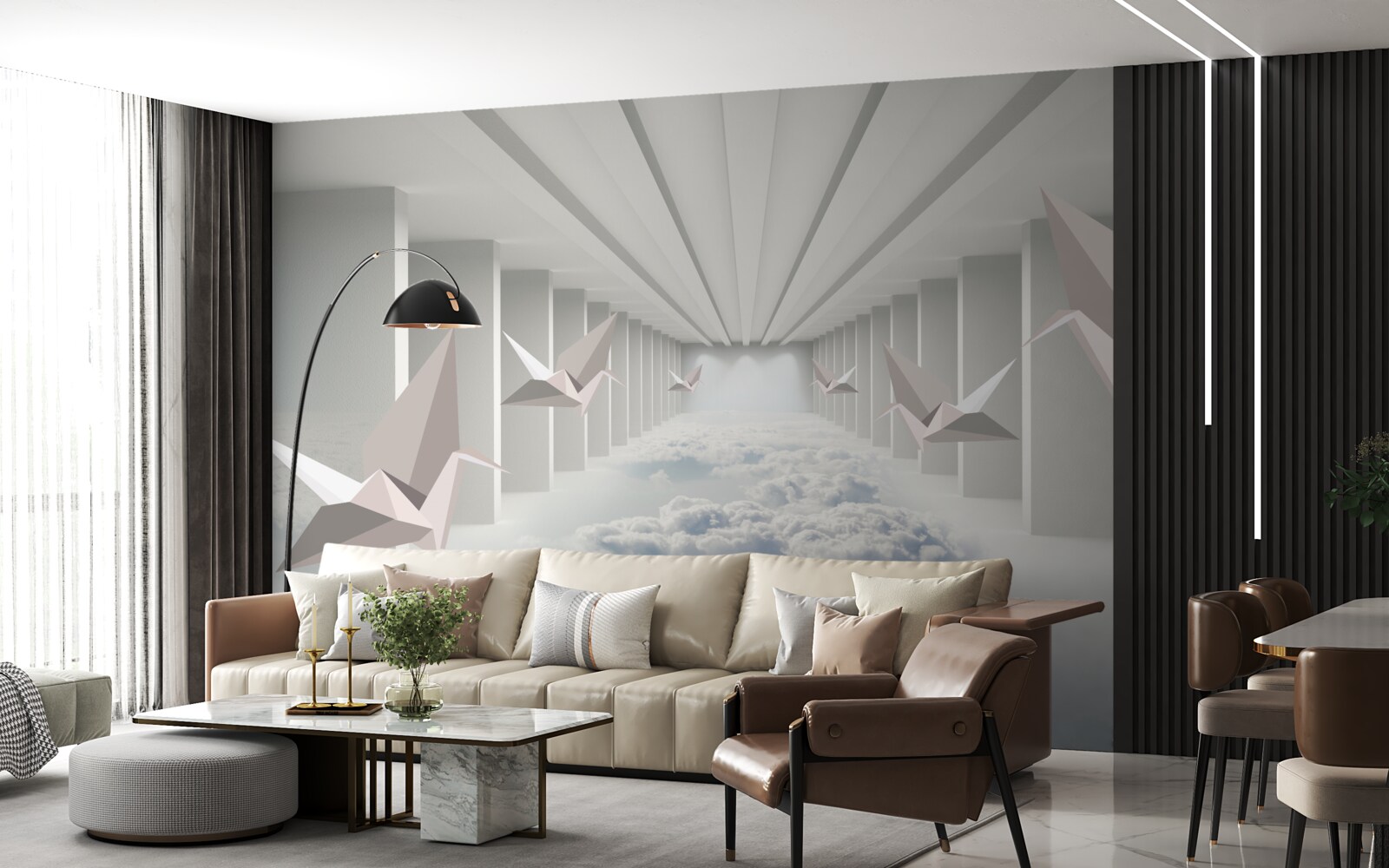 Fototapet geometrie abstractă de păsări în nori