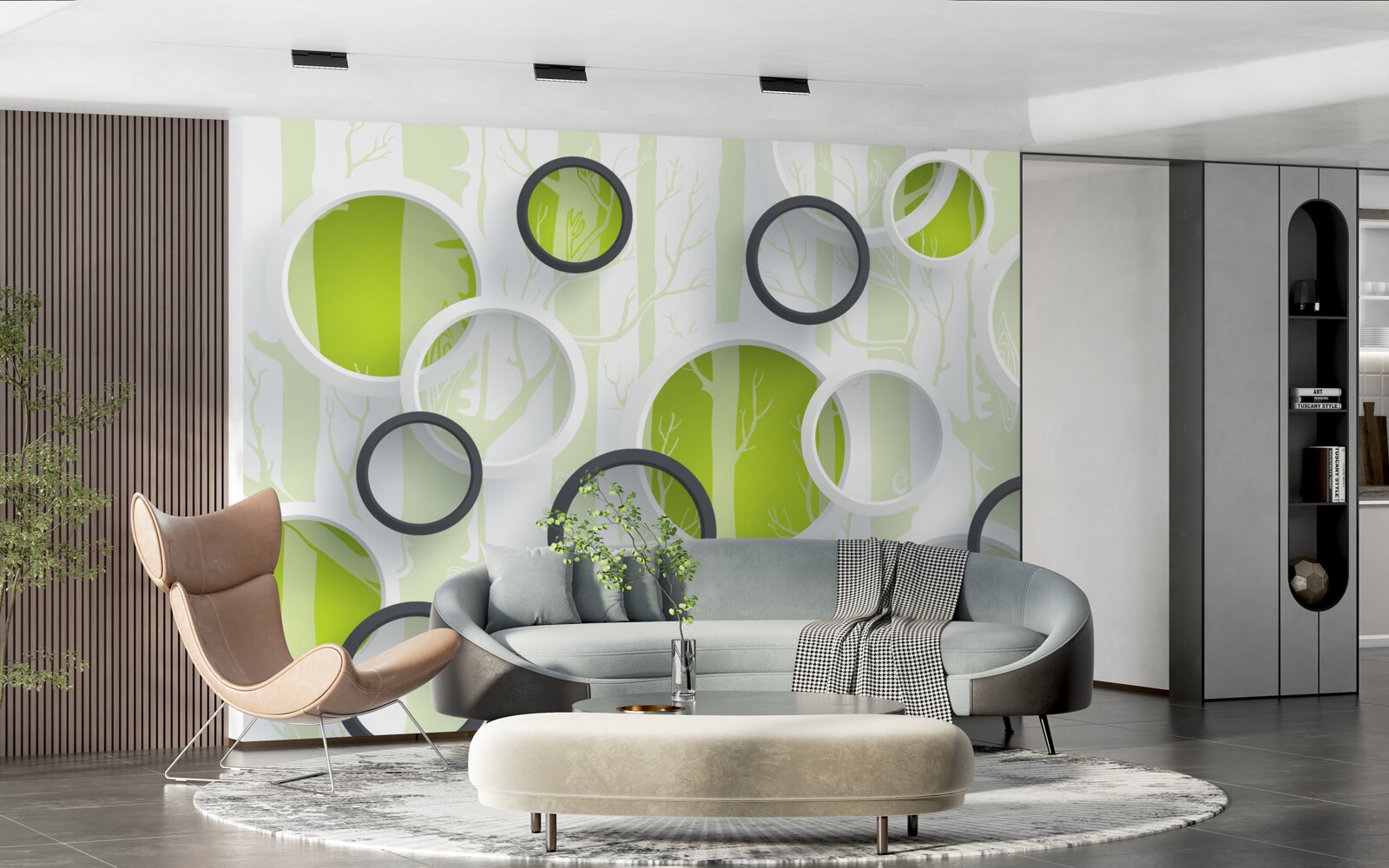 Fototapet imagini de contur ale copacilor în cercuri alb-negru