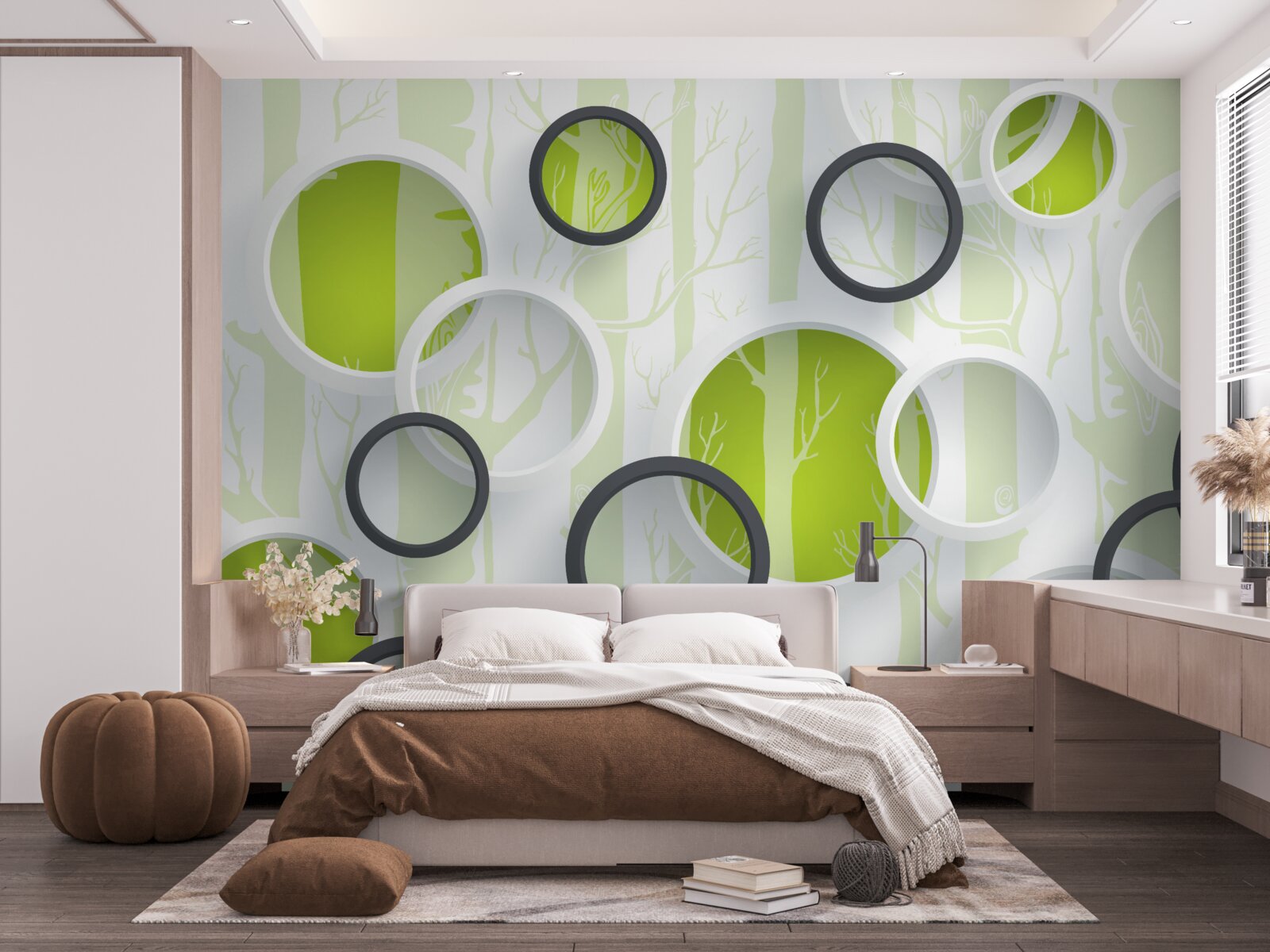 Fototapet imagini de contur ale copacilor în cercuri alb-negru