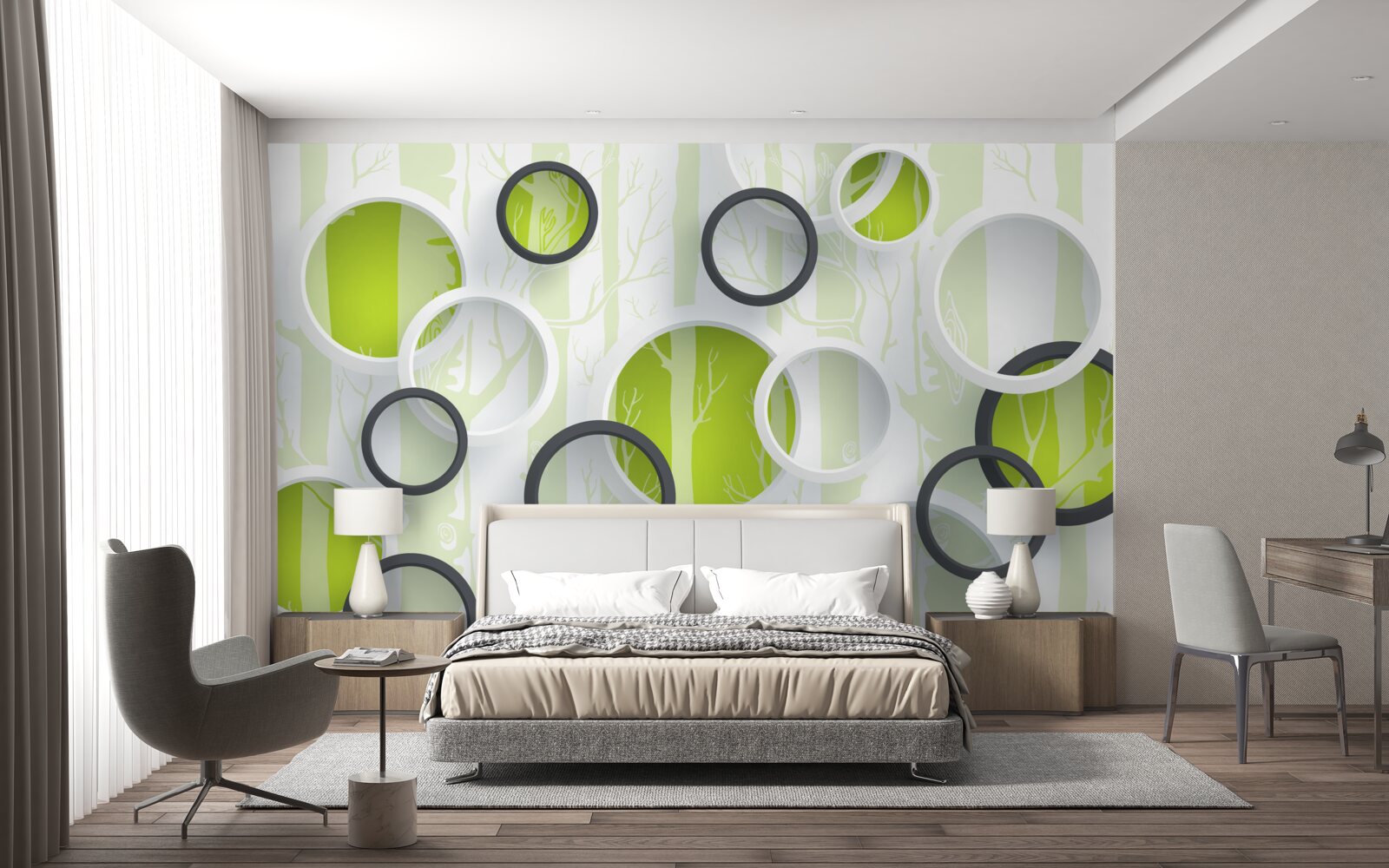 Fototapet imagini de contur ale copacilor în cercuri alb-negru