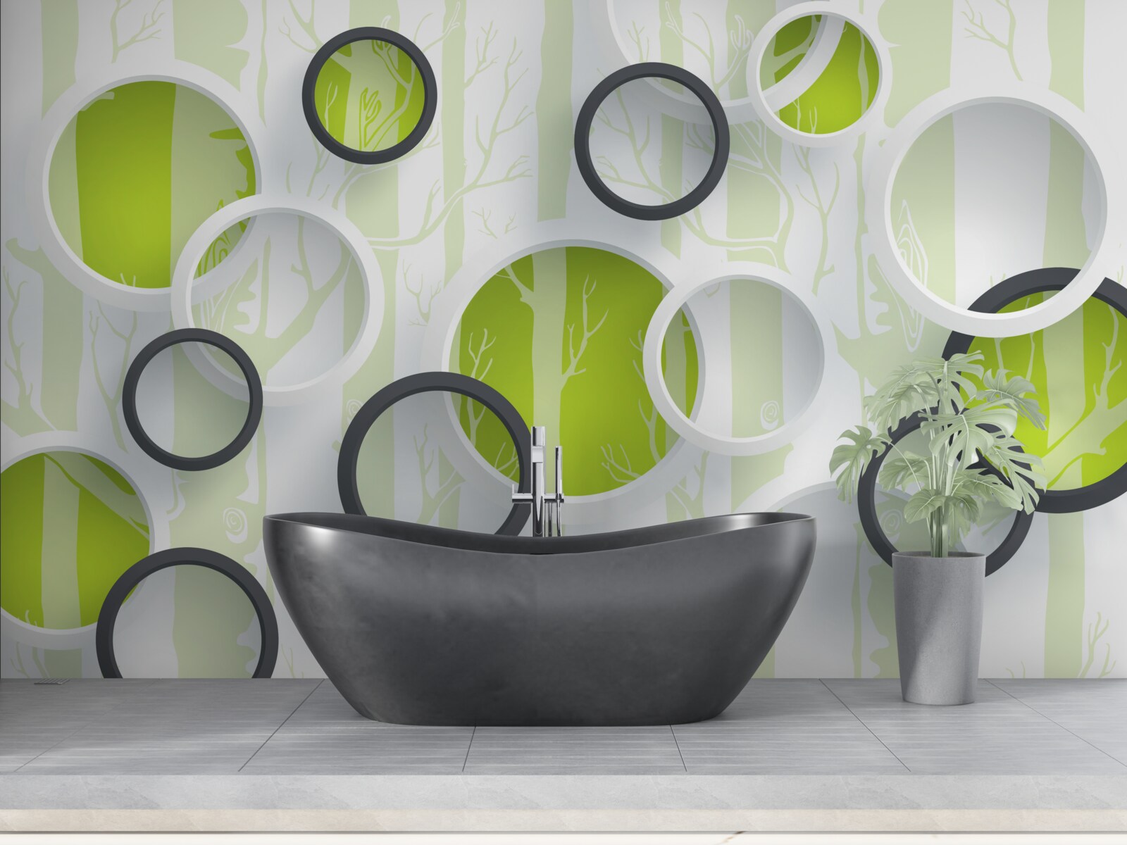 Fototapet imagini de contur ale copacilor în cercuri alb-negru