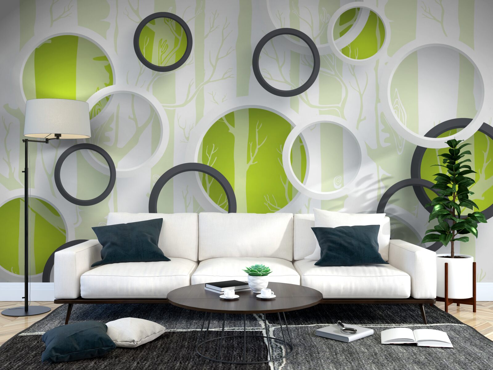 Fototapet imagini de contur ale copacilor în cercuri alb-negru