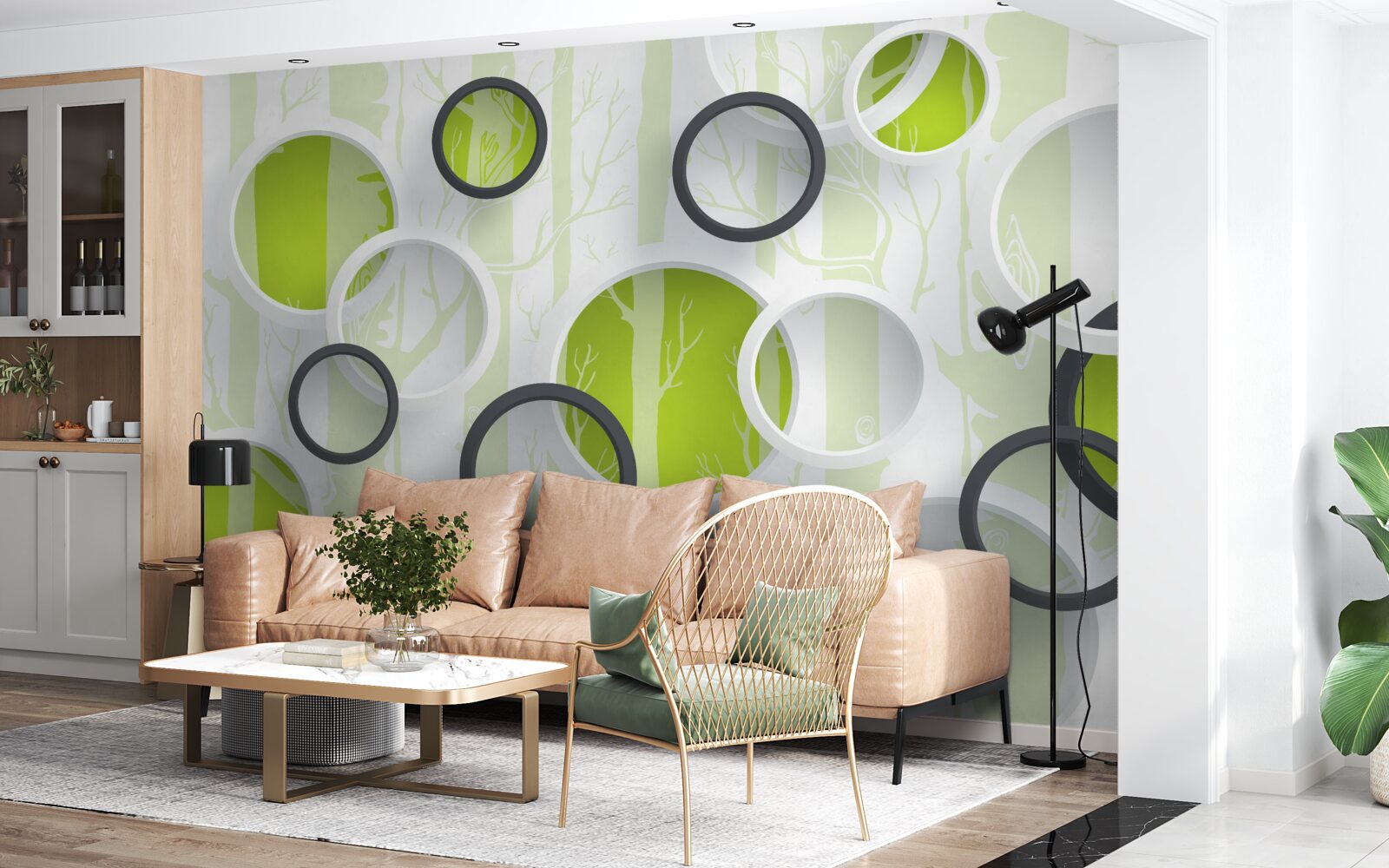 Fototapet imagini de contur ale copacilor în cercuri alb-negru