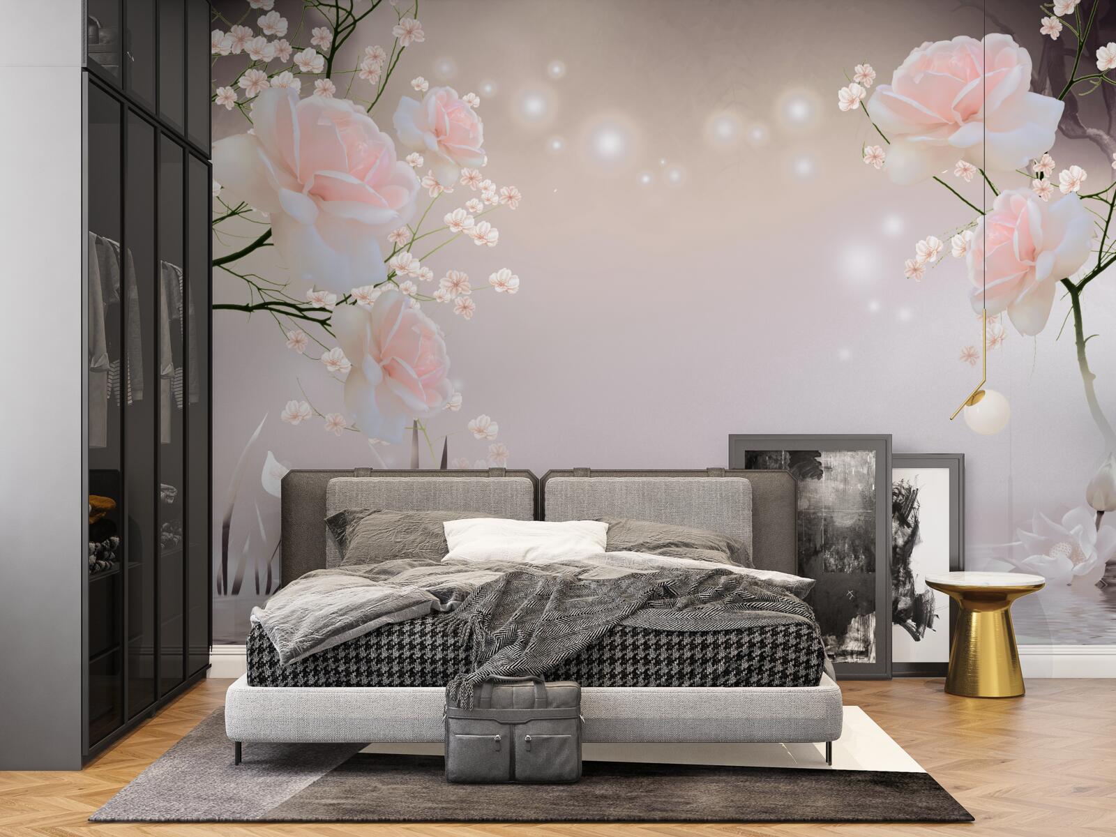 Fototapet trandafir moale de culoarea ceaiului pe ramuri