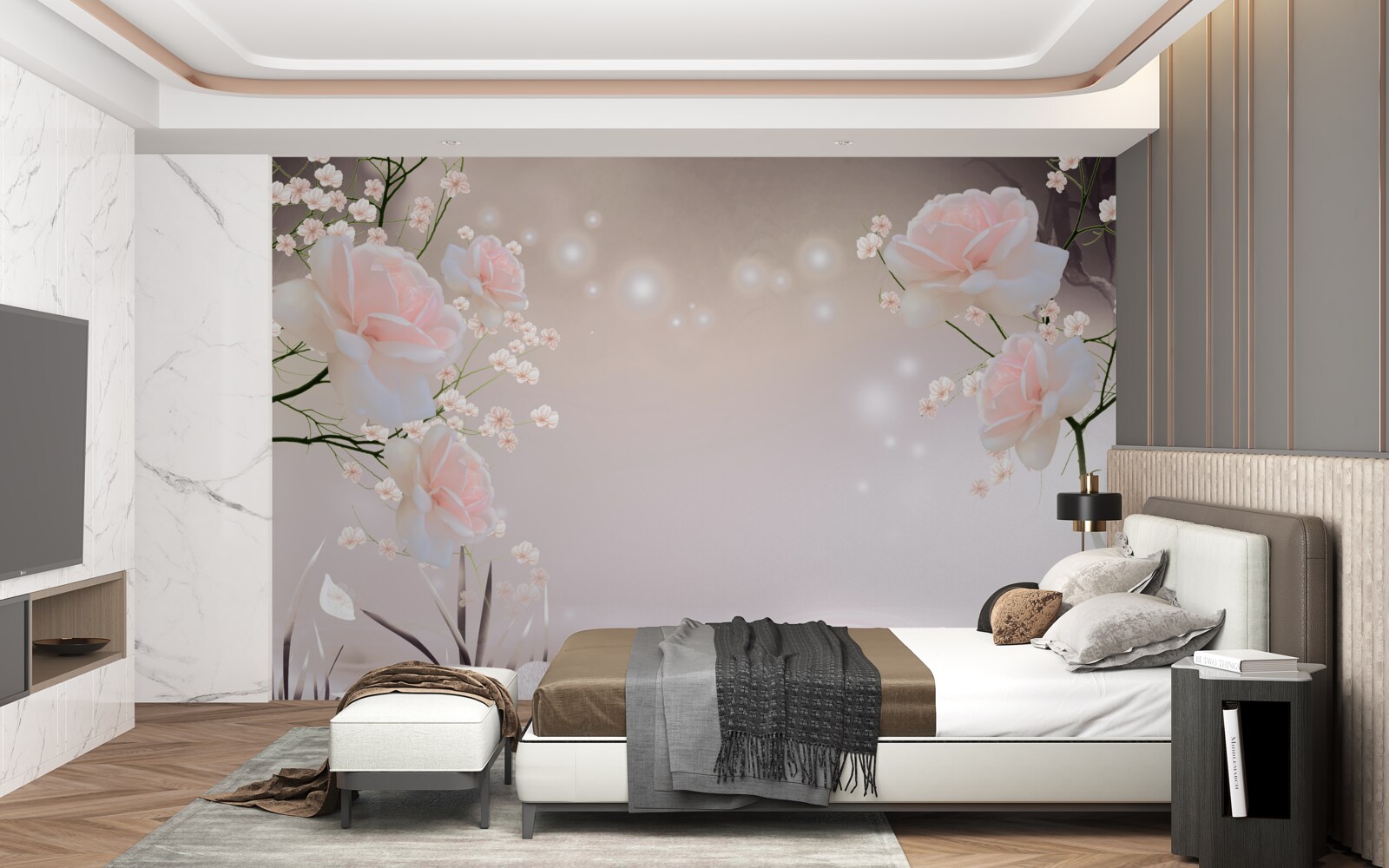 Fototapet trandafir moale de culoarea ceaiului pe ramuri