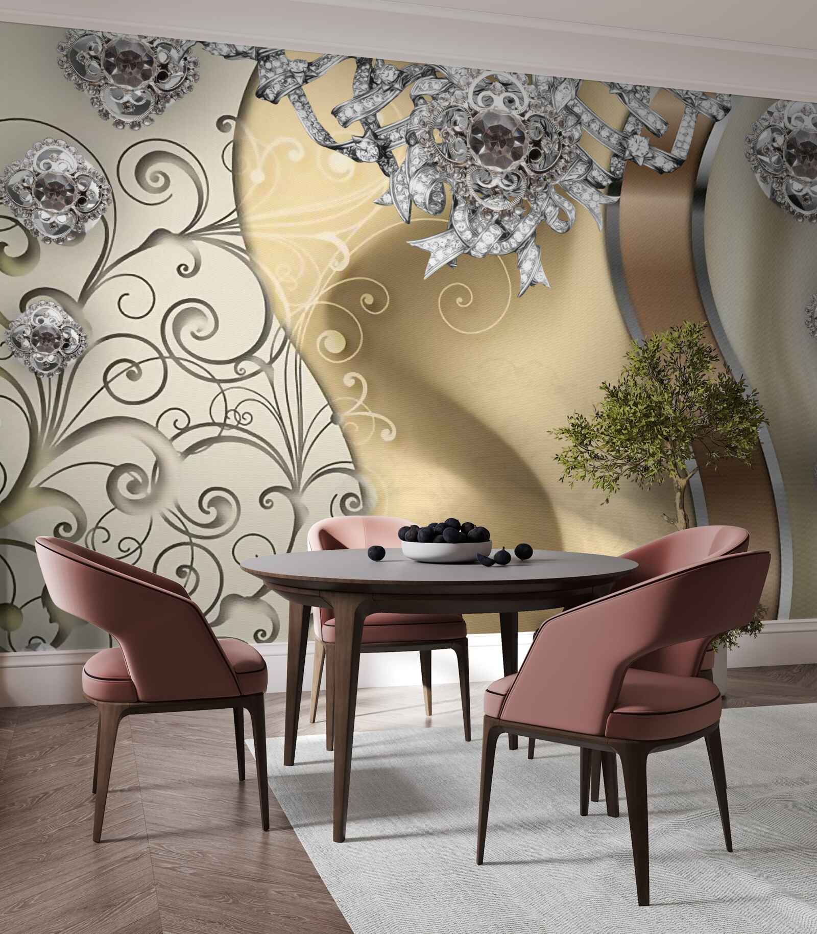 Fototapet flori din argint pe aur