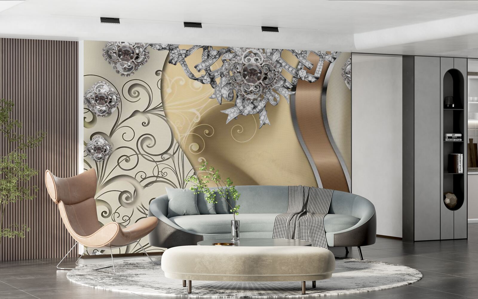 Fototapet flori din argint pe aur