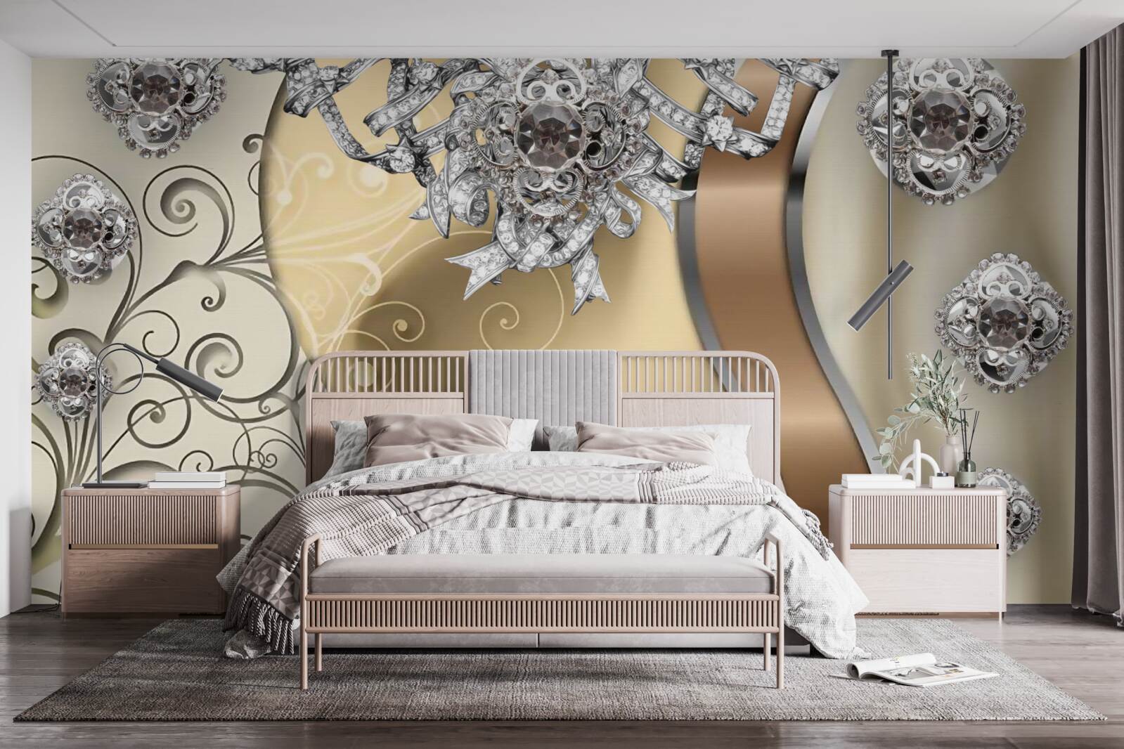 Fototapet flori din argint pe aur