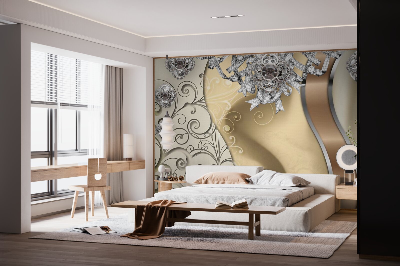 Fototapet flori din argint pe aur